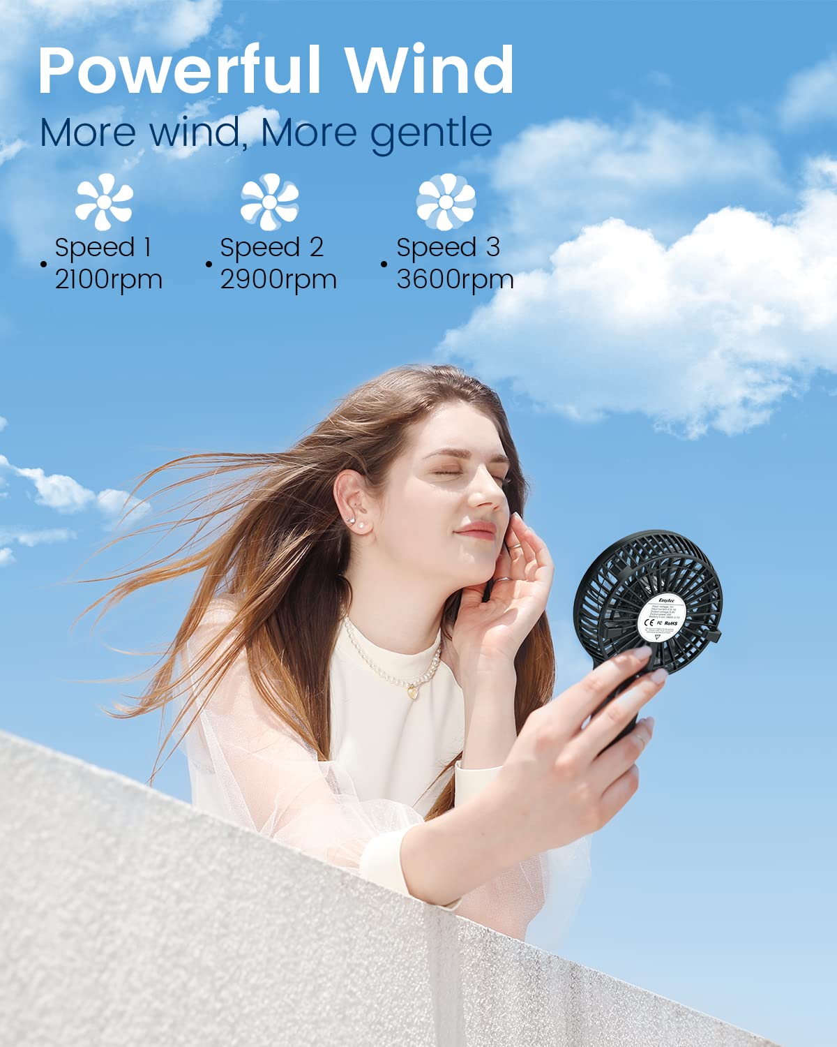 Easyacc Mini Handheld Fan, Portable Fan Small Usb Desk Fan Personal Hand Fan 3 Speed 10H Working Hours Rechargeable Battery Cool