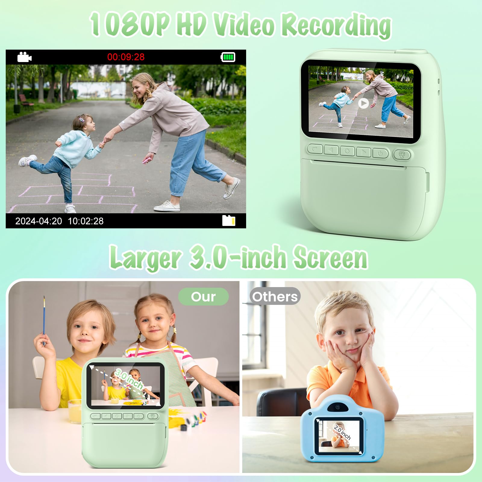 Kids Camera Instant Print, 3.0'' Hd 32Mp Kids Camera 1080P Toddler Digital Camera With 3 Rolls Of Printer Paper, Birthday Gifts