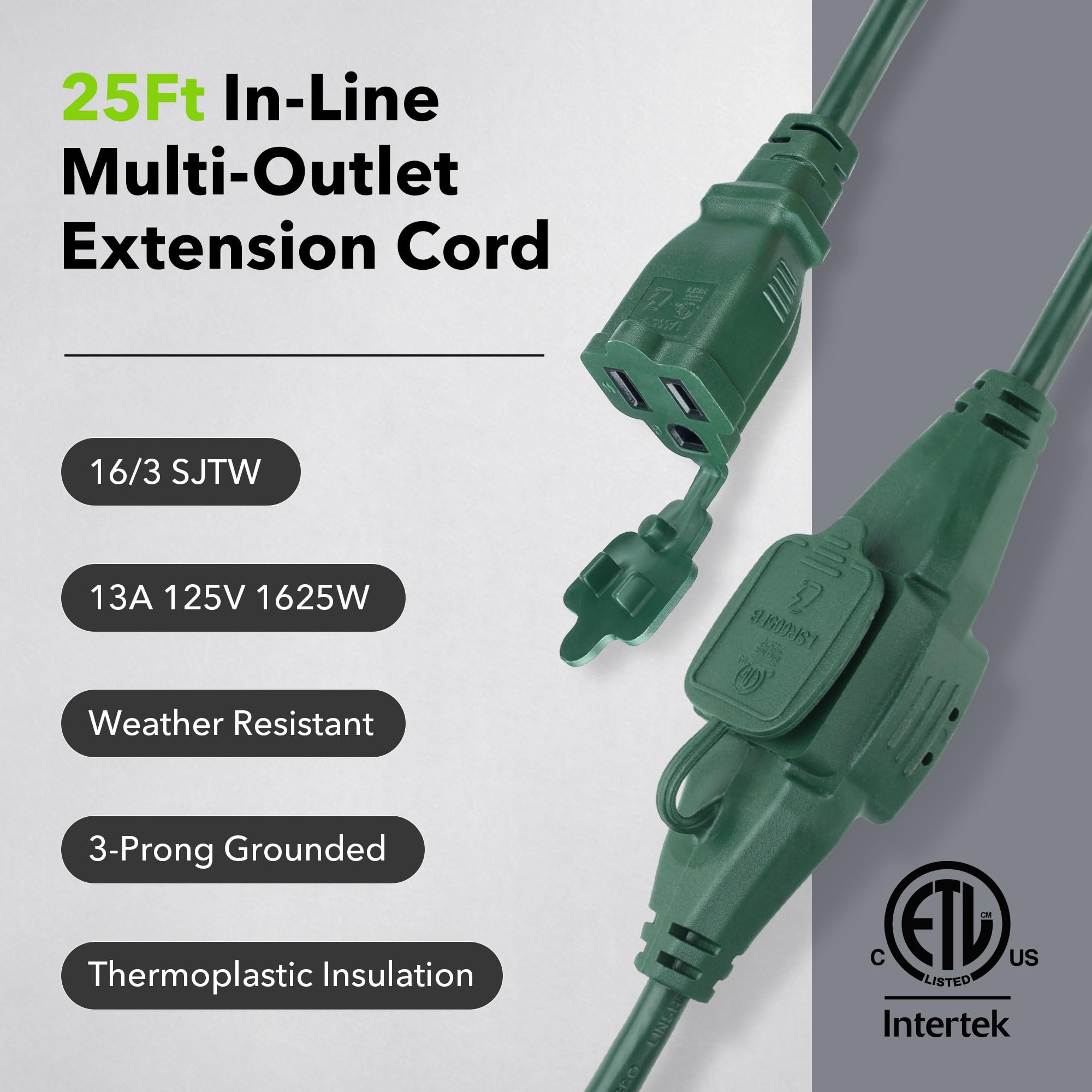 Bn Link 25 Ft Outdoor Extension Cord W/3 Inline Outlets 16/3 Gauge, Sjtw Green For Landscaping & Holiday Decorations, Grounded,