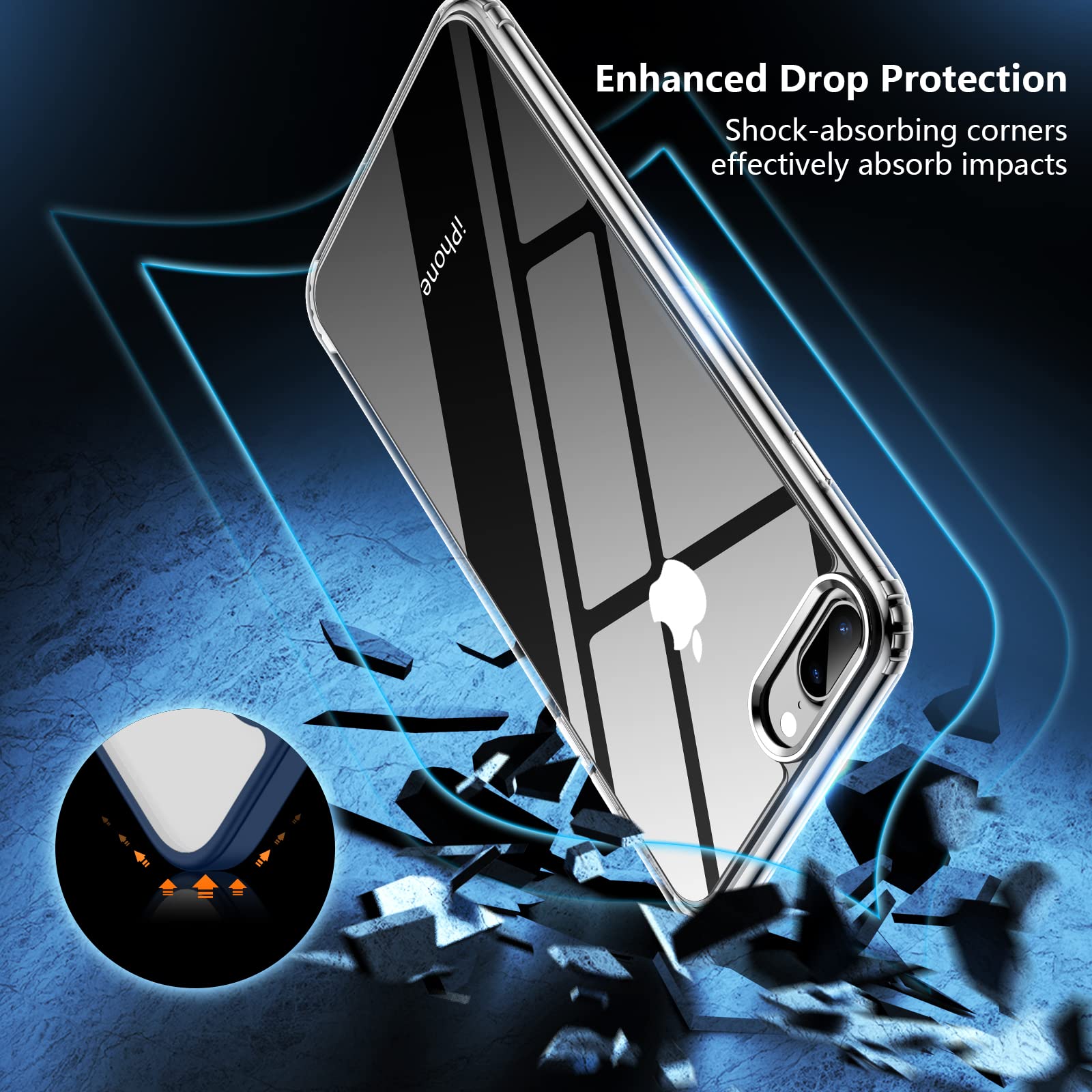 Spidercase For Iphone 7/8 Plus Case, [Crystal Clear Not Yellowing] [Military Grade Drop Protection] [2 Pcs Tempered Glass Screen