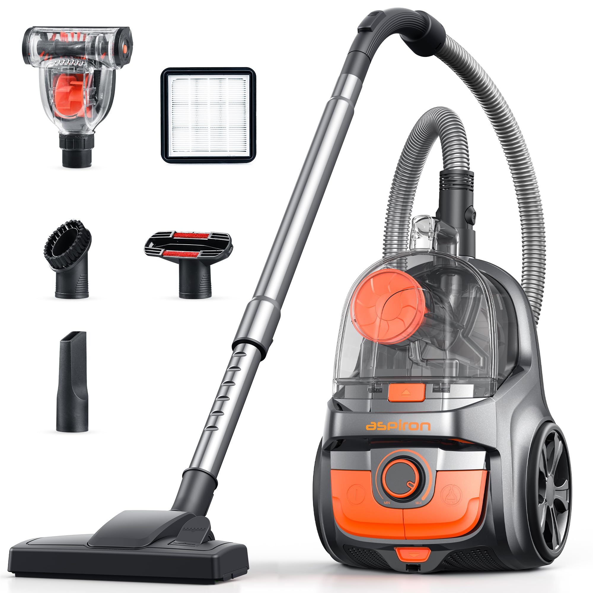 Aspiron Canister Vacuum Cleaner, 30Kpa Bagless Vacuum Cleaners, 3.7QT Large Dust Cup, Double HEPA Filter, Retractable Cord, 1600