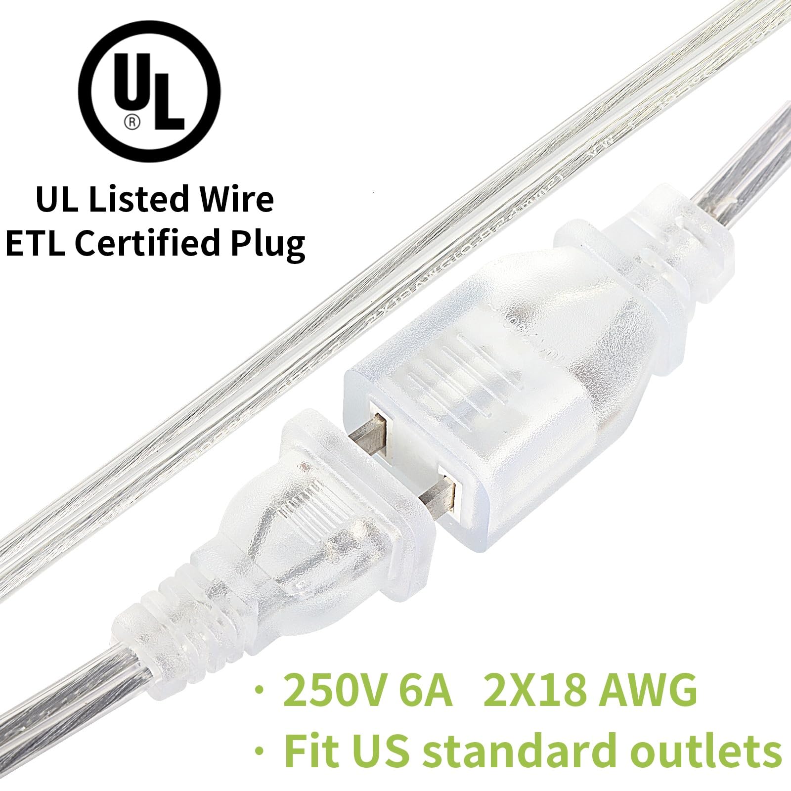 2 Pack Clear Extension Cord, 10 Ft Extension Cords, Ul Certified Power Extension Cord, 2 Prong Extension Cord Male To Female, 2X