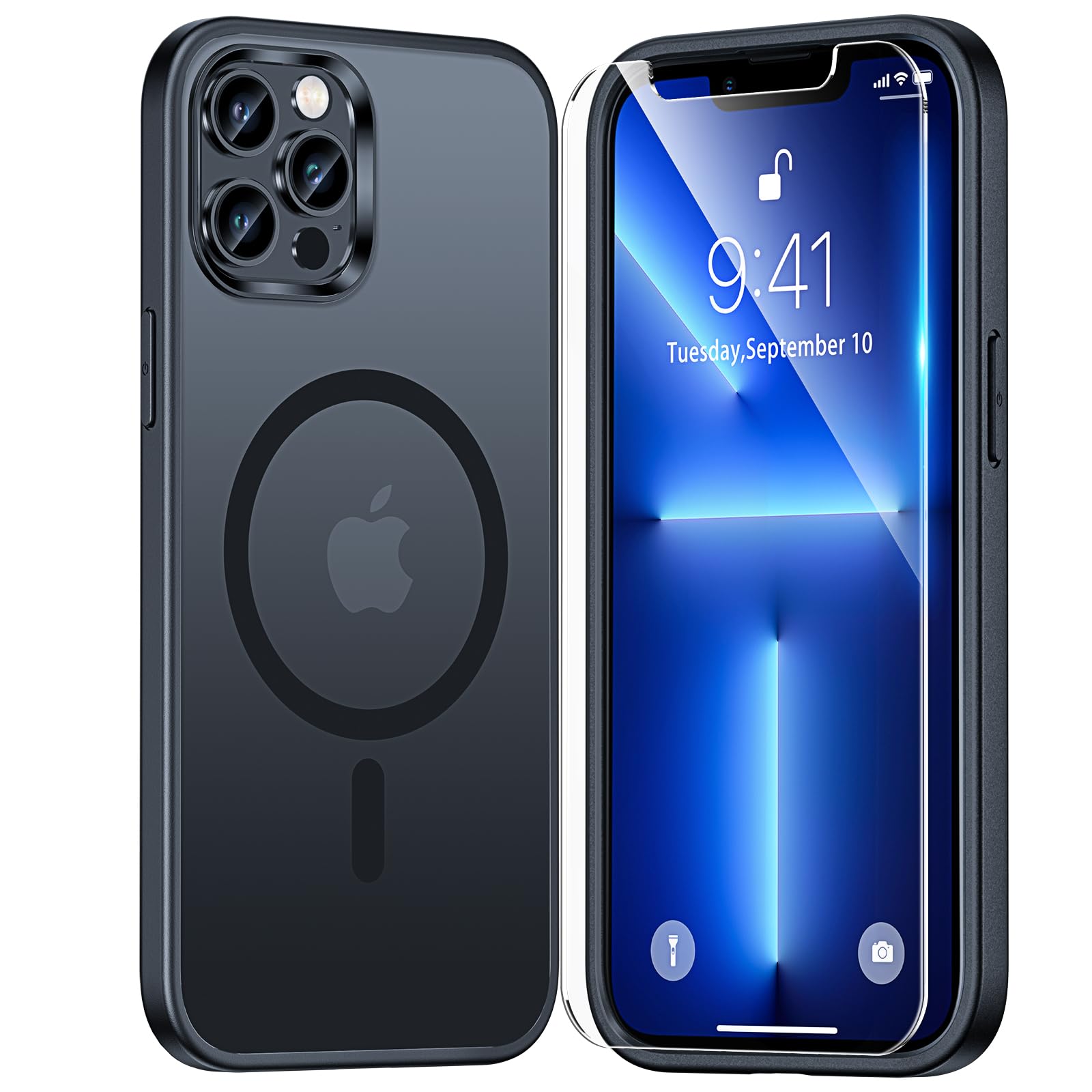 Tauri 3 In 1 Magnetic For Iphone 13 Pro Case Matte Black, With 2X Hd Screen Protector, 12 Ft Drop Protection, Compatible With Ma