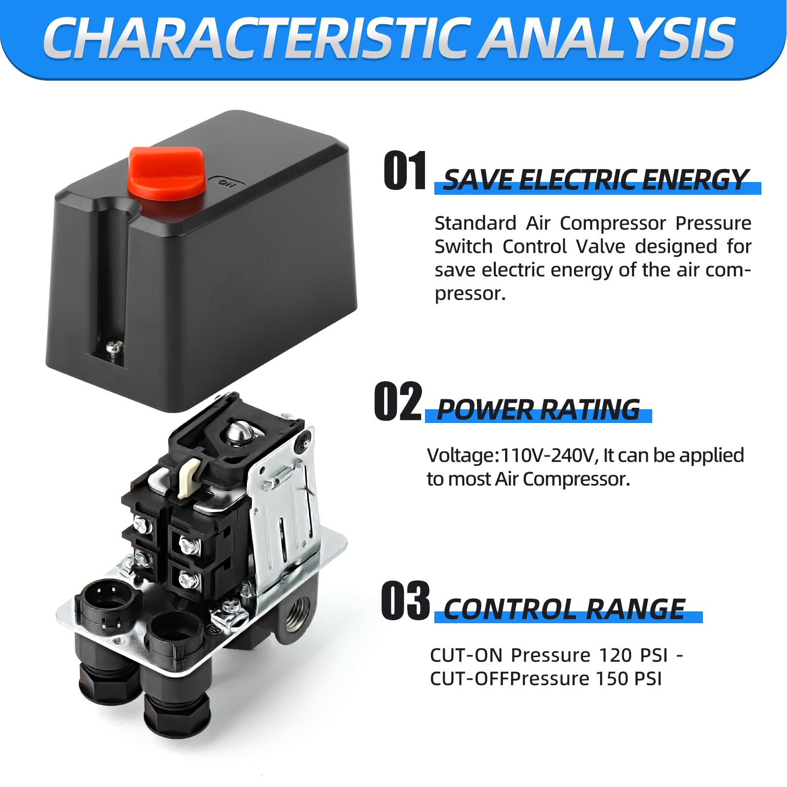 Meanlin Measure Air Compressor Pressure Switch Control Valve 120 150 Psi 110V 240V 4 Way Replacement Parts With Afr2000 Air Line