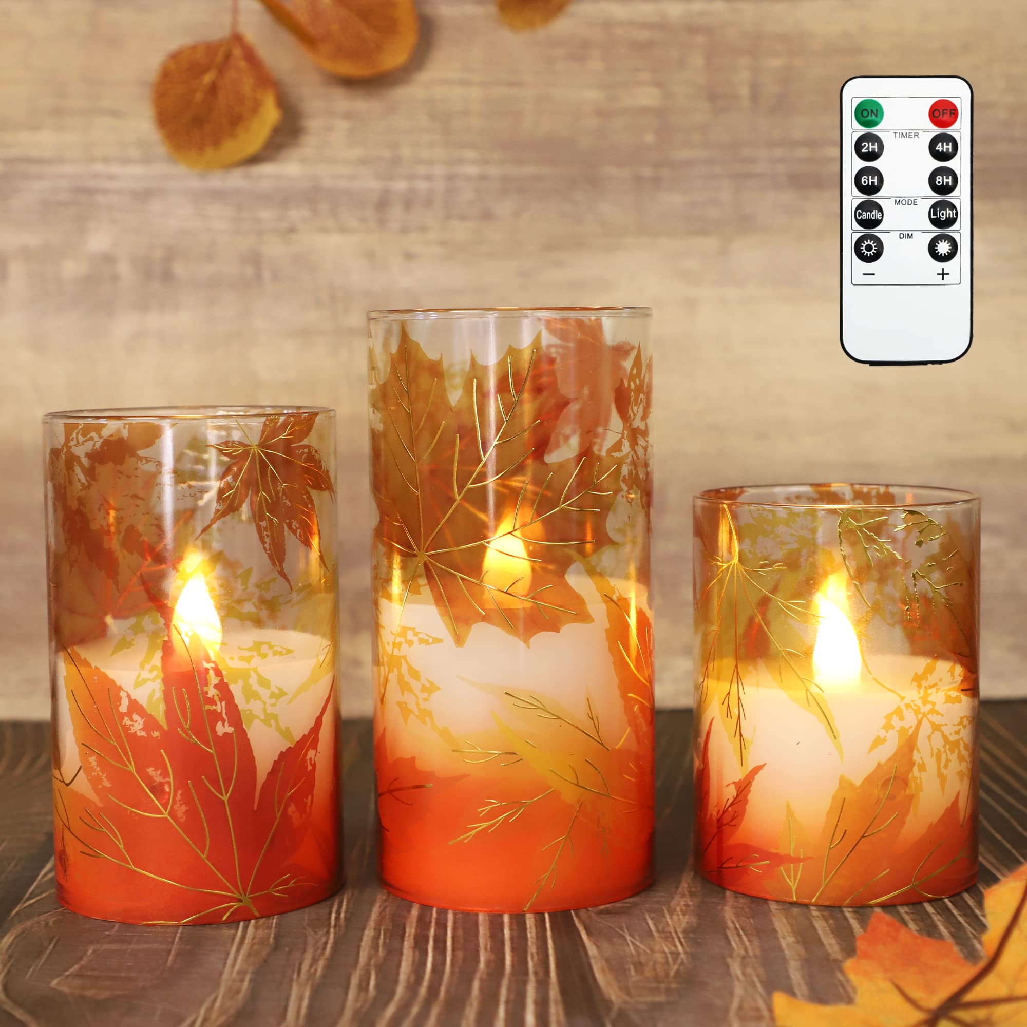 Crystal Club Fall Flameless Candles, Autumn Maple Leaves Led Flickering Candles With Remote And Timer, Battery Operated Glass Ef