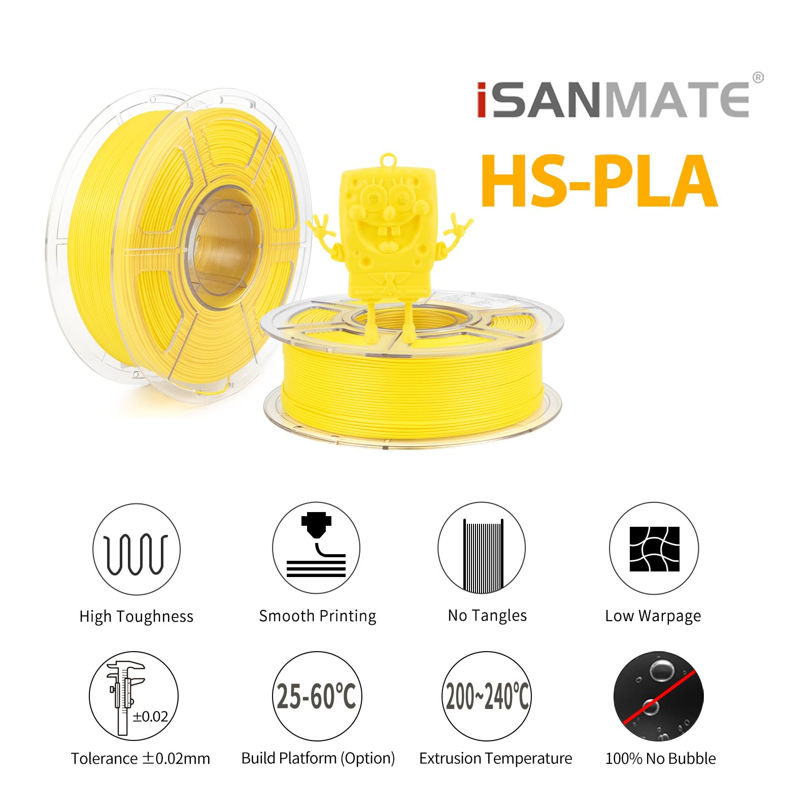 Isanmate High Speed Pla+ 3D Printer Filament, Yellow Pla+ Filament 1.75Mm Designed For High Speed 30-600Mm/S, Fast Printing Spee