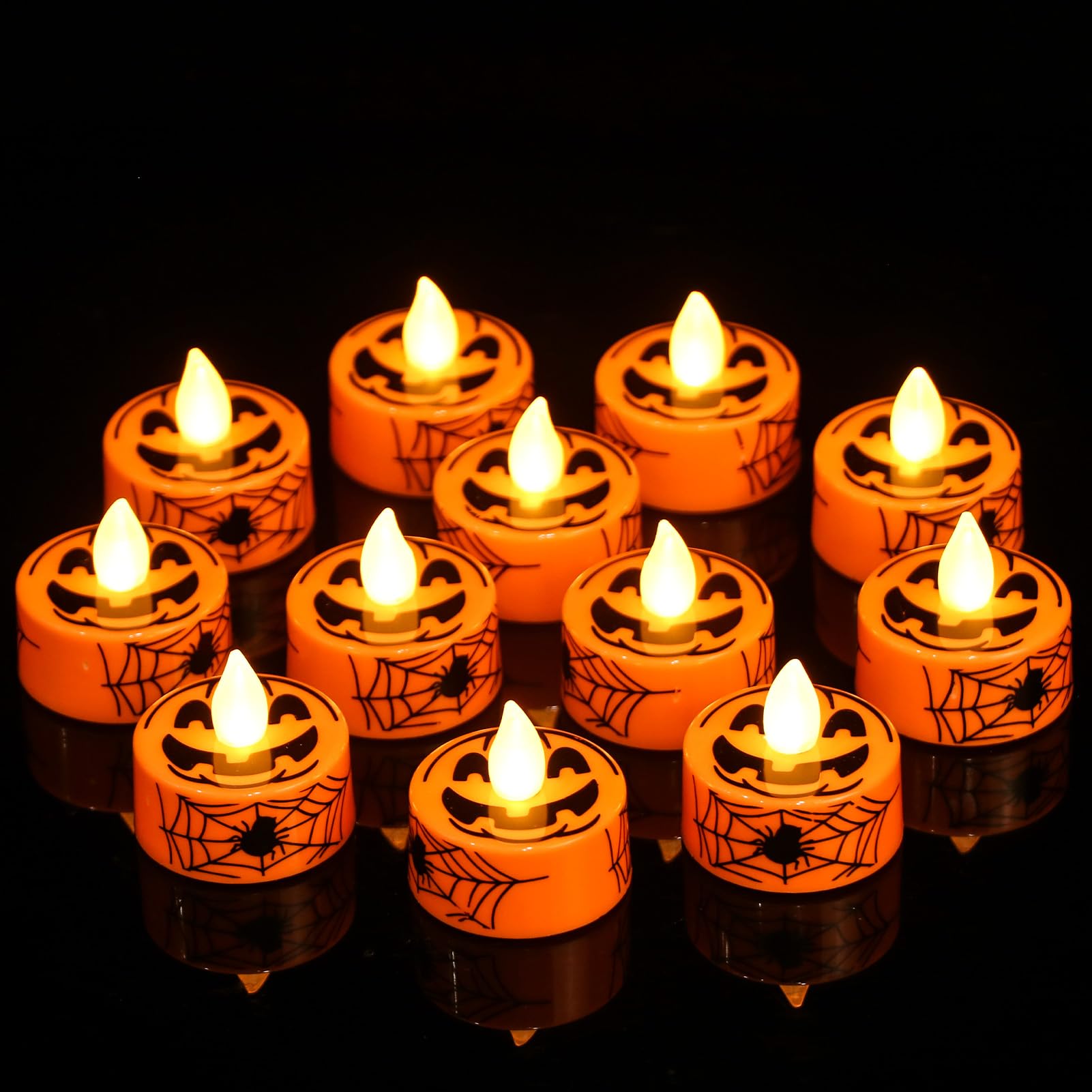 Kunswenn Halloween Pumpkin Tealights Candles, 12 Pack Led Flameless Candles With Timer, Tea Lights Candles Battery Operated With