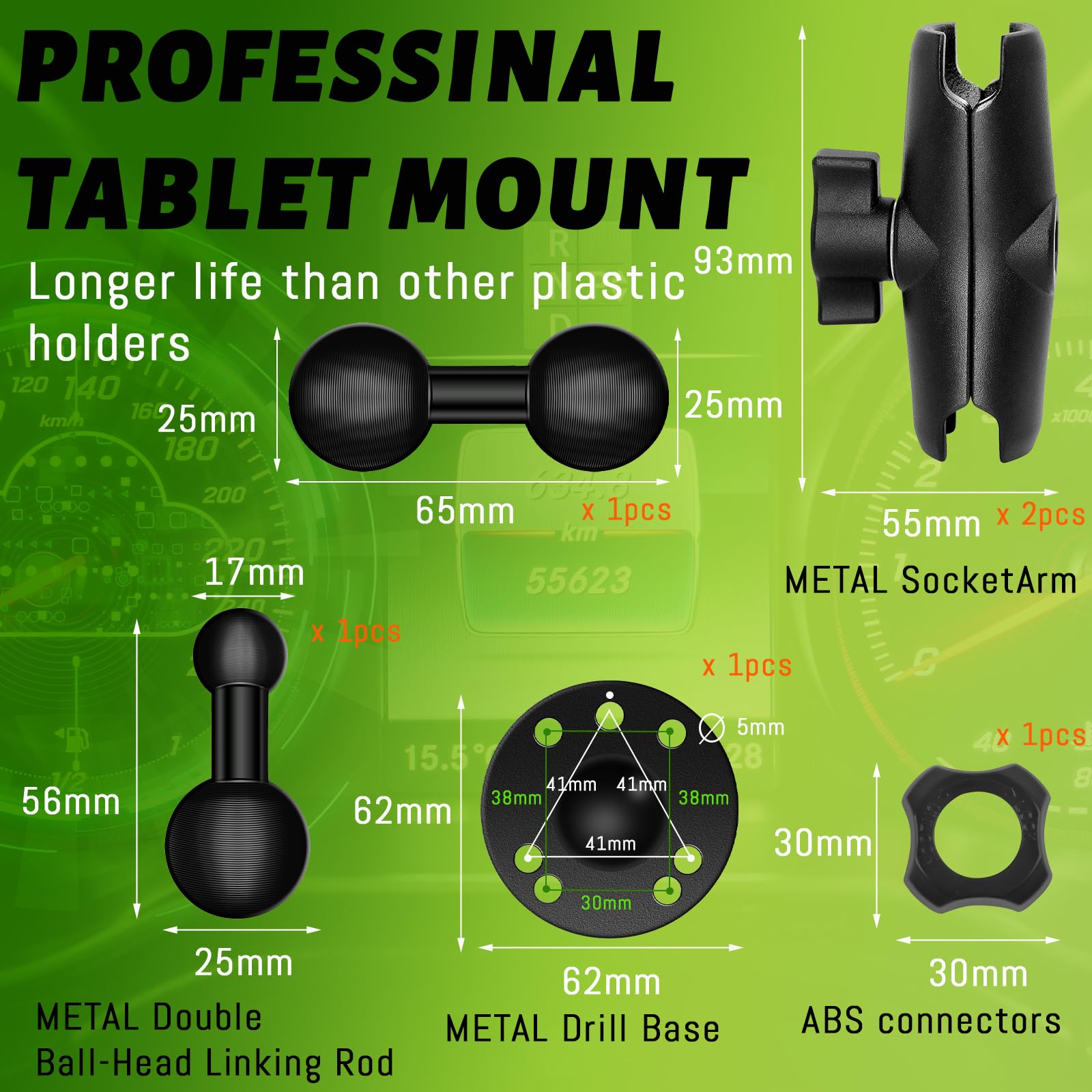 Romhaus Large Metal Tablet Mount For Truck/Car/Vehicle/Industrial, Long Arm Heavy Duty Drill Base Tablet Holder For Dashboard, W