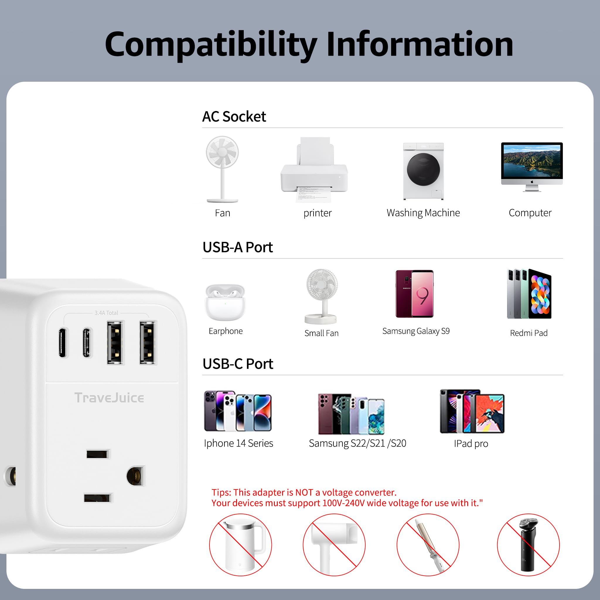 Type E/F Plug Adapter 2 Pack, Travejuice Germany France Power Adapter Outlet Converter With 4 Ac 4 Usb Ports (2 Usb C), Travel A