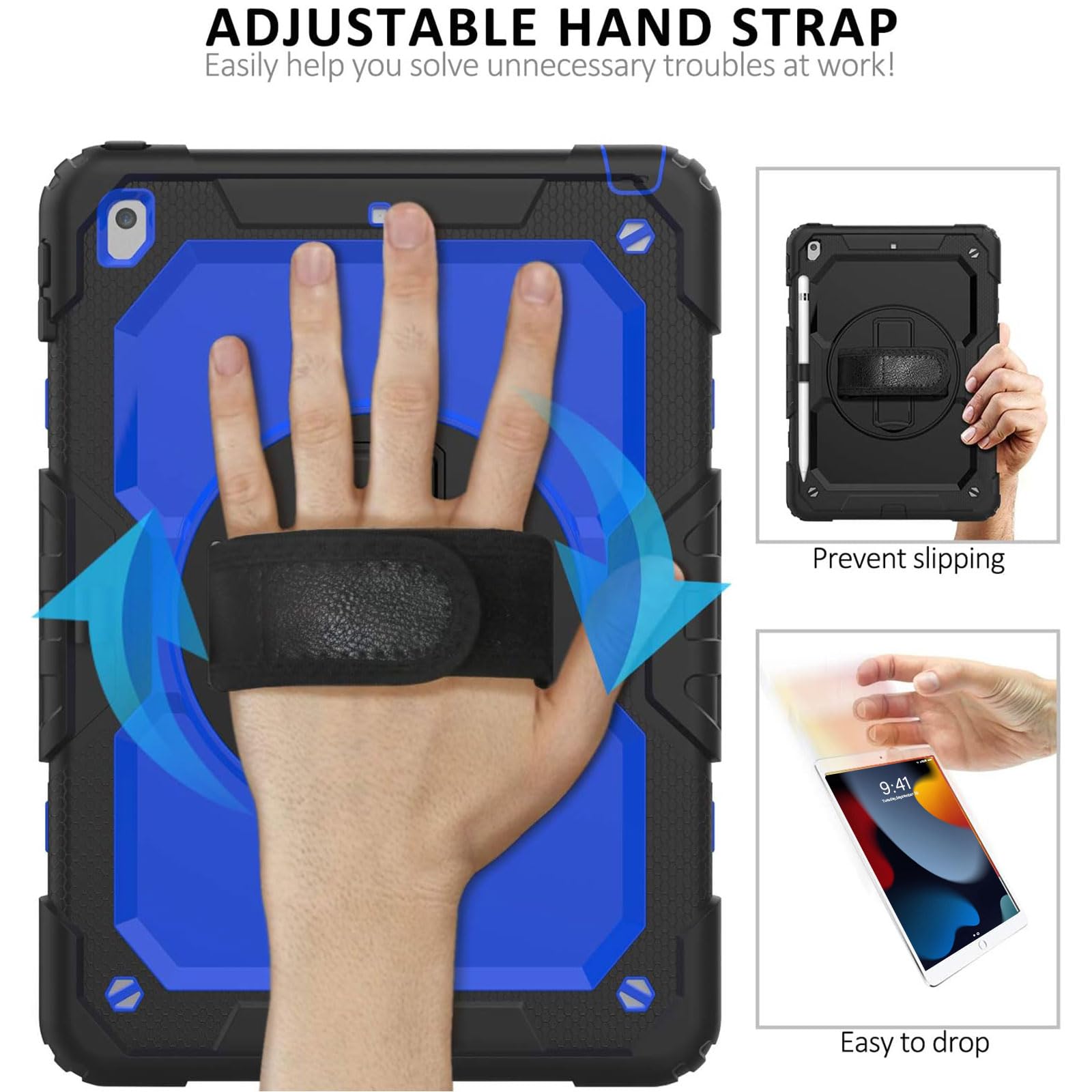 Ipad 9Th/8Th/7Th Generation Case, Ipad 10.2 Case 2021/2020/2019, [Rotatable Hand Strap/Kickstand] Ambison Full Body Protective Case With Tempered Glass Screen Protector, Pencil Holder (Blue & Black)