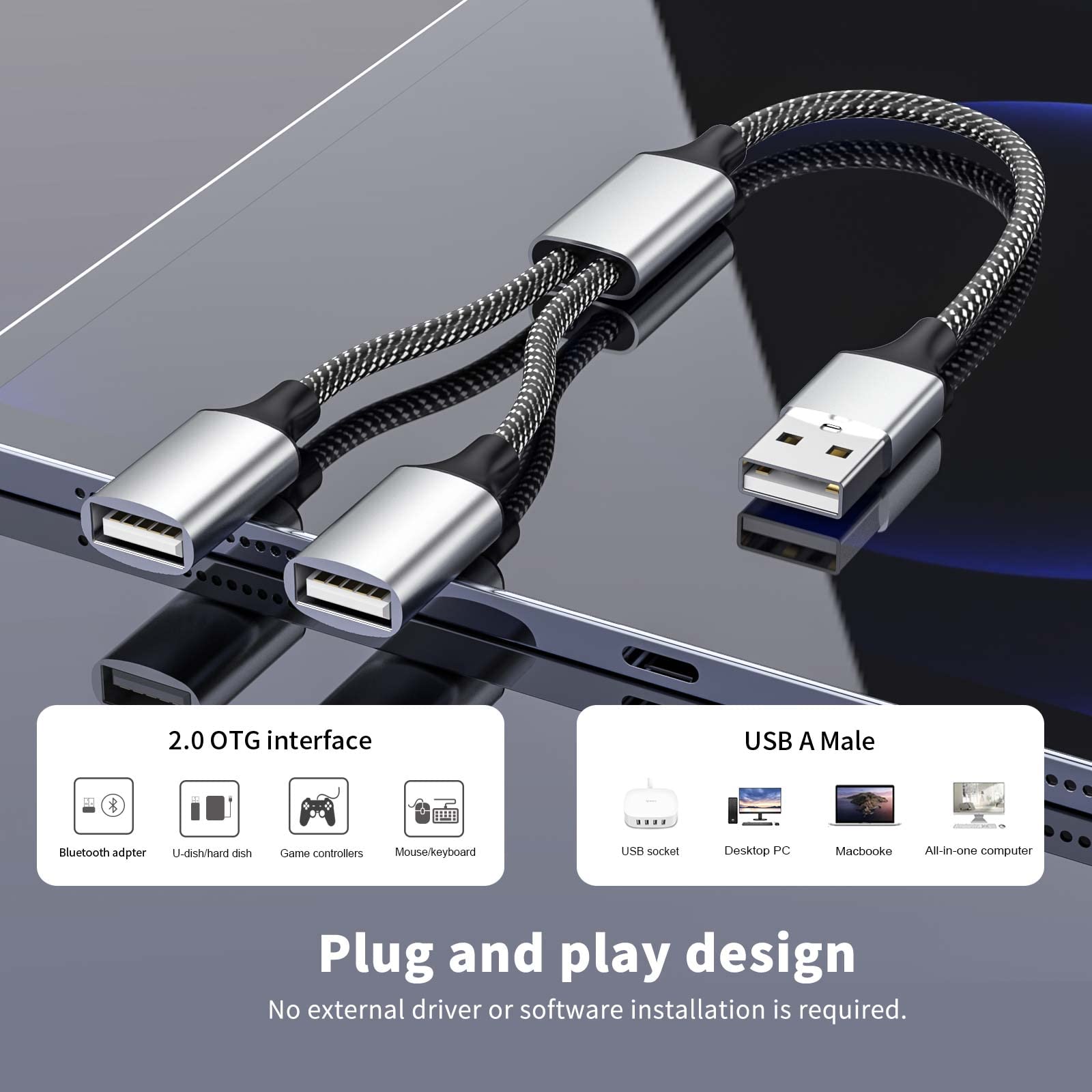 Fidioto Usb A Splitter, Usb A Male To 2 Female Usb Y Splitter, Usb Splitter 1 In 2 Out Support Charging And Data Transfer For Pr