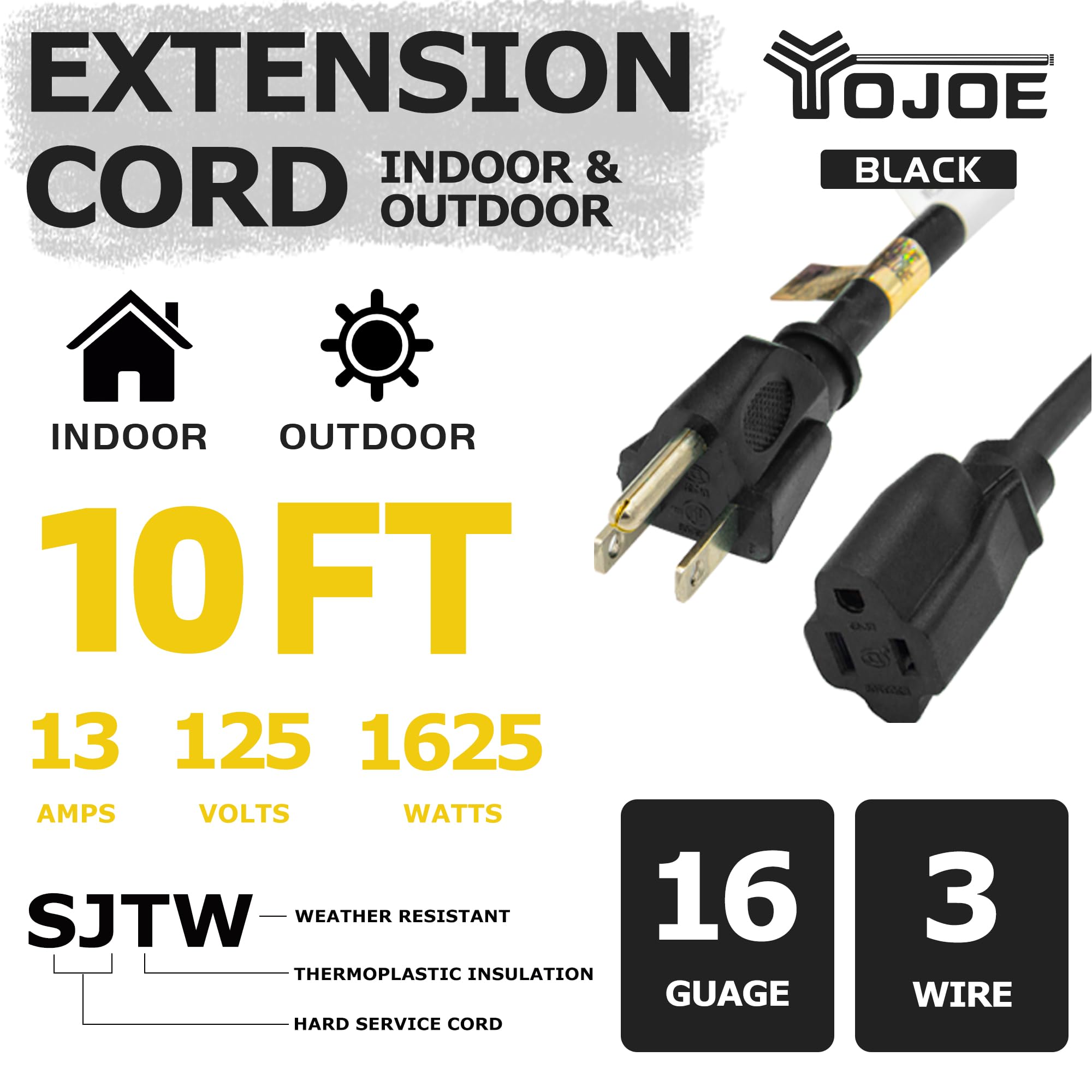 Yojoe Indoor Outdoor Extension Cord, 3 Prong 13A Weatherproof Power Extension Cord, 16 Gauge Heavy Duty 10 Ft Black Extension Co