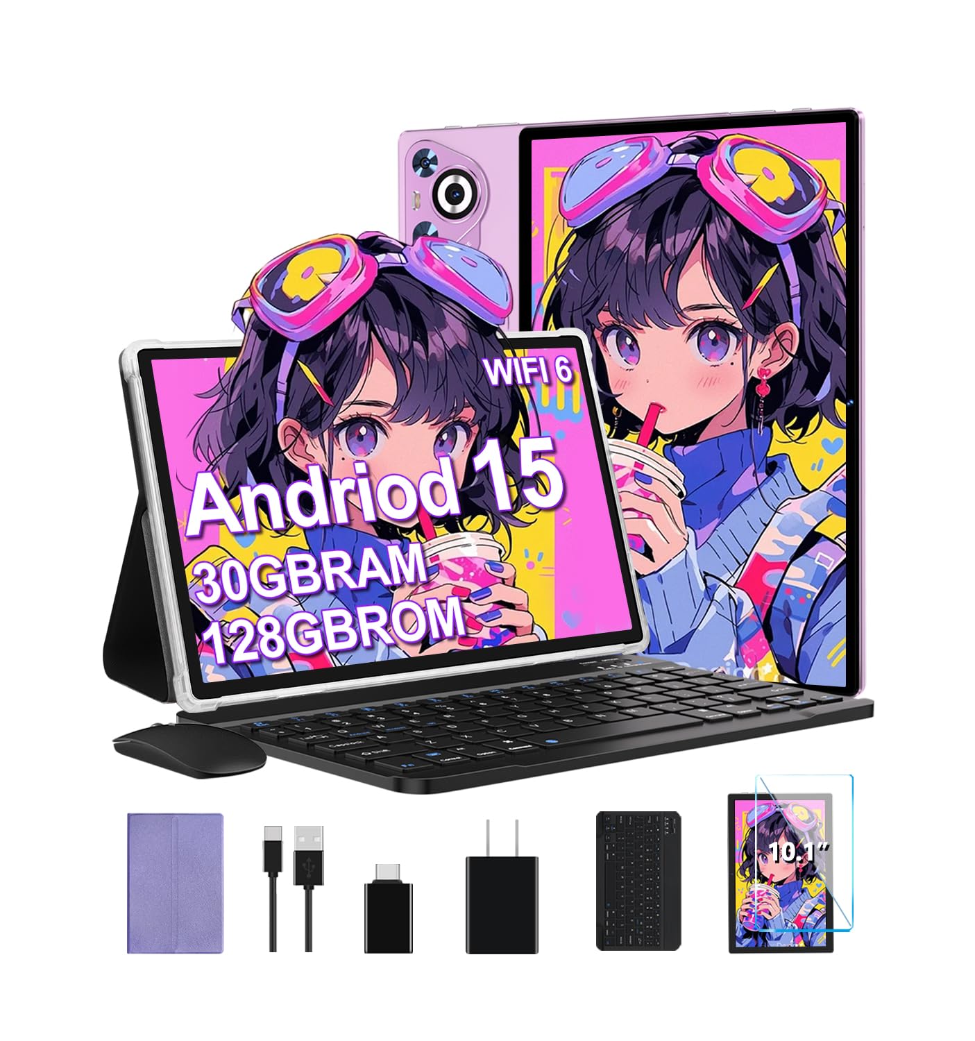 Android 15 Tablet, 30GB RAM + 128GB ROM 1TB TF, 2025 Tablet with Keyboard and Mouse, 10.1 inch Touchscreen, 8000mAh Battery, Inc