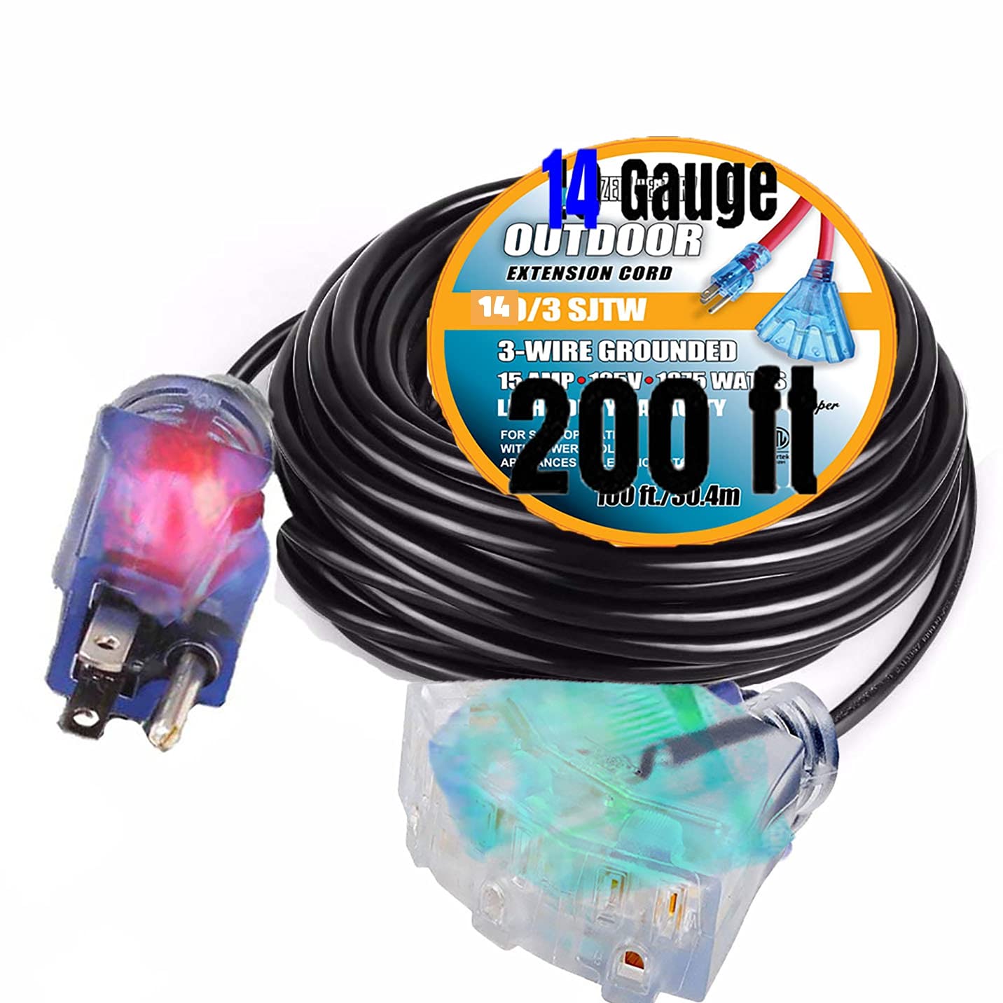 Pizety 200 ft Heavy Duty Extension Cord, 14 Gauge, Triple Outlet, Indoor/Outdoor, 125V, Black, Model bd2aa09a-8d96-4538