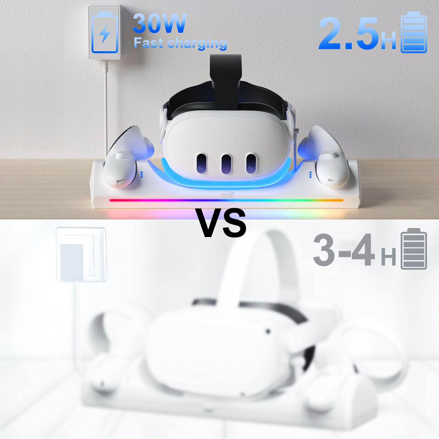 Eslick Charging Station For Oculus Quest 3S/ Quest 3 Accessories, 30W Fast Adapter Charging Dock With Led Indicator, Includes 2