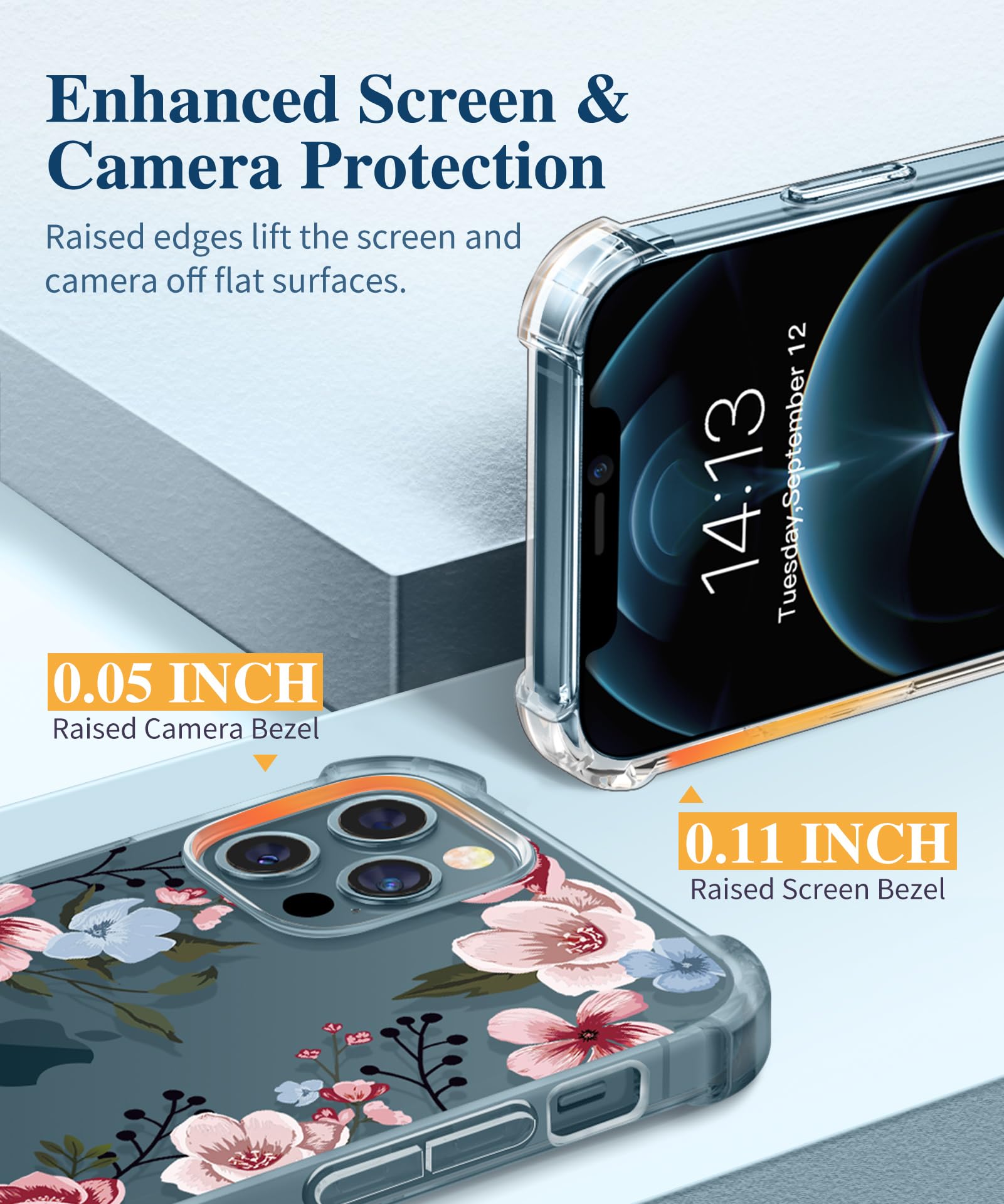 Gviewin For Iphone 12 Case And Iphone 12 Pro Case With Screen Protector + Camera Lens Protector, Clear Floral Flexible Tpu Shock