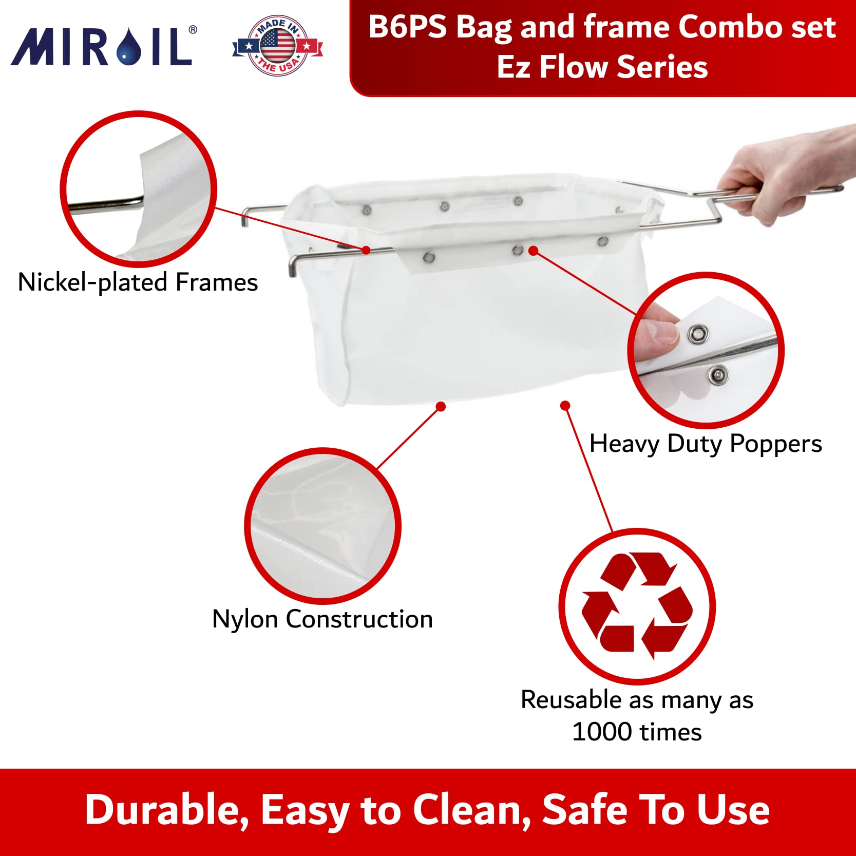 Miroil B6Ps Fryer Filter Bag & Frame Combo, Extends Grease Life, Handles Hot & Cold Cooking Oil & Filters Up To 70 Lb. Polishing