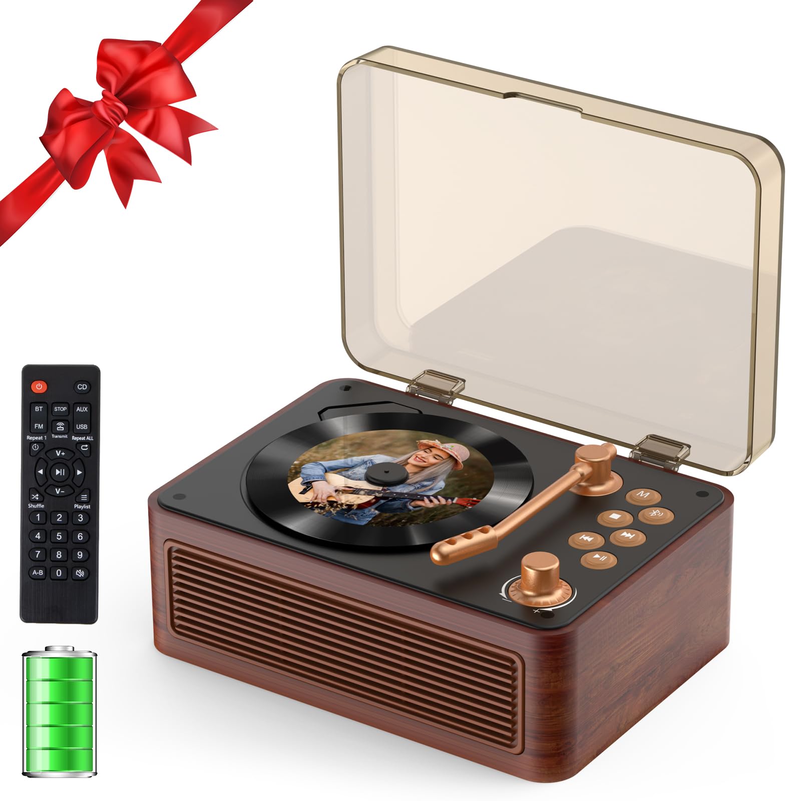 Gueray Portable CD Player with Speaker Retro Wood, 3600 mAh Nostalgic CD Music Player Bluetooth for Home with FM Radio Remote Su