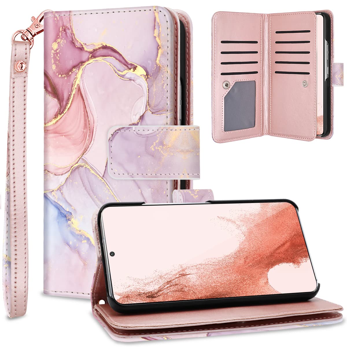 Samsung Galaxy S22 Plus Case, Galaxy S22 Plus Case Wallet, Rose Gold Marble 9 Card Holder Pu Leather Detachable Wrist Strap Wall