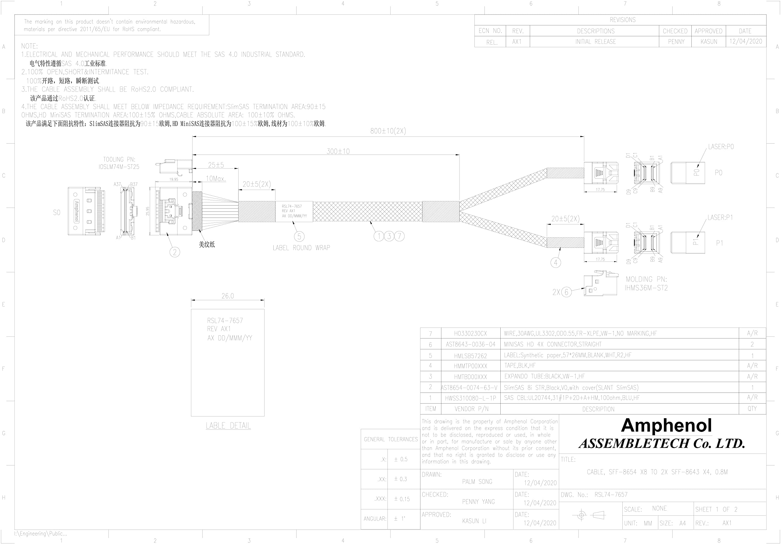 Diliving Slimsas 8X To 2*Minisas Hd 4X,Sff 8654 74Pin To 2*Sff 8643 36Pin Cable 80Cm(Broadcom Mpn 05 60003 00)