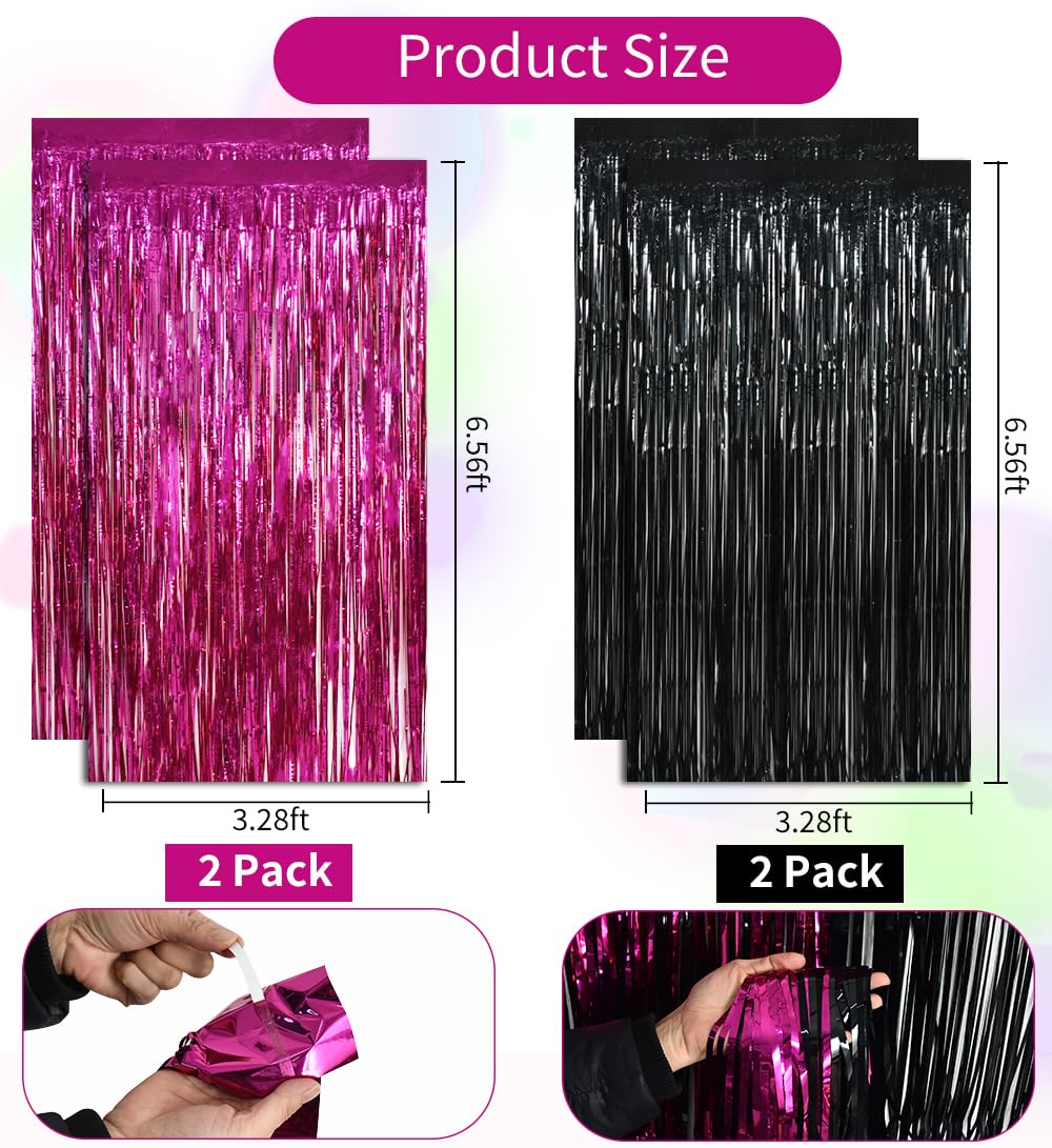 Beishida 4 Pcs Hot Pink Black Door Streamers Curtain Party Streamers Backdrop Pink Party Hot Pink Wall Background For Party Deco
