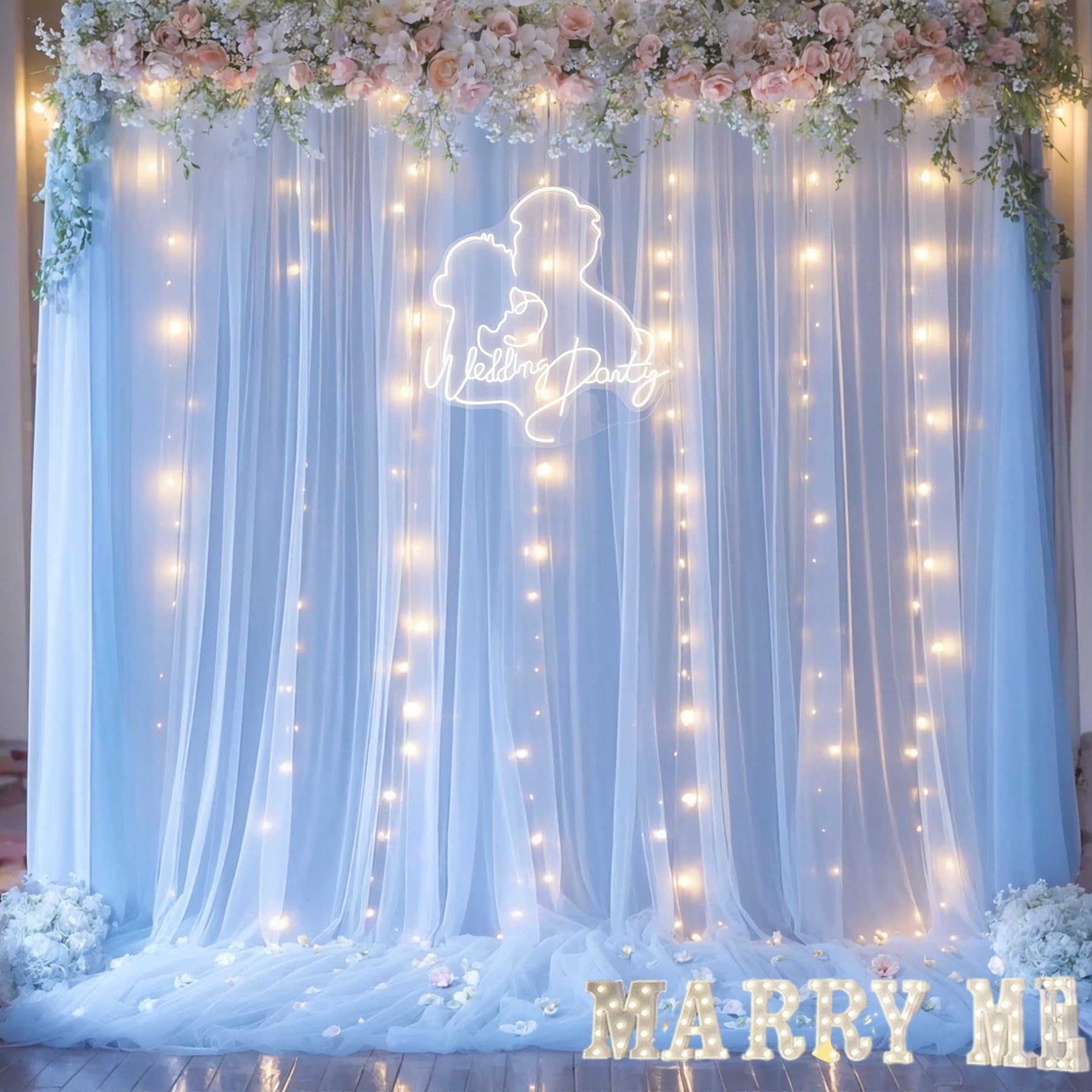 Blue Tulle Backdrop Curtains With Lights String For Parites Baby Shower 20  8Ft Blue Sheer Backdrop Curtains Drapes For Bridal S