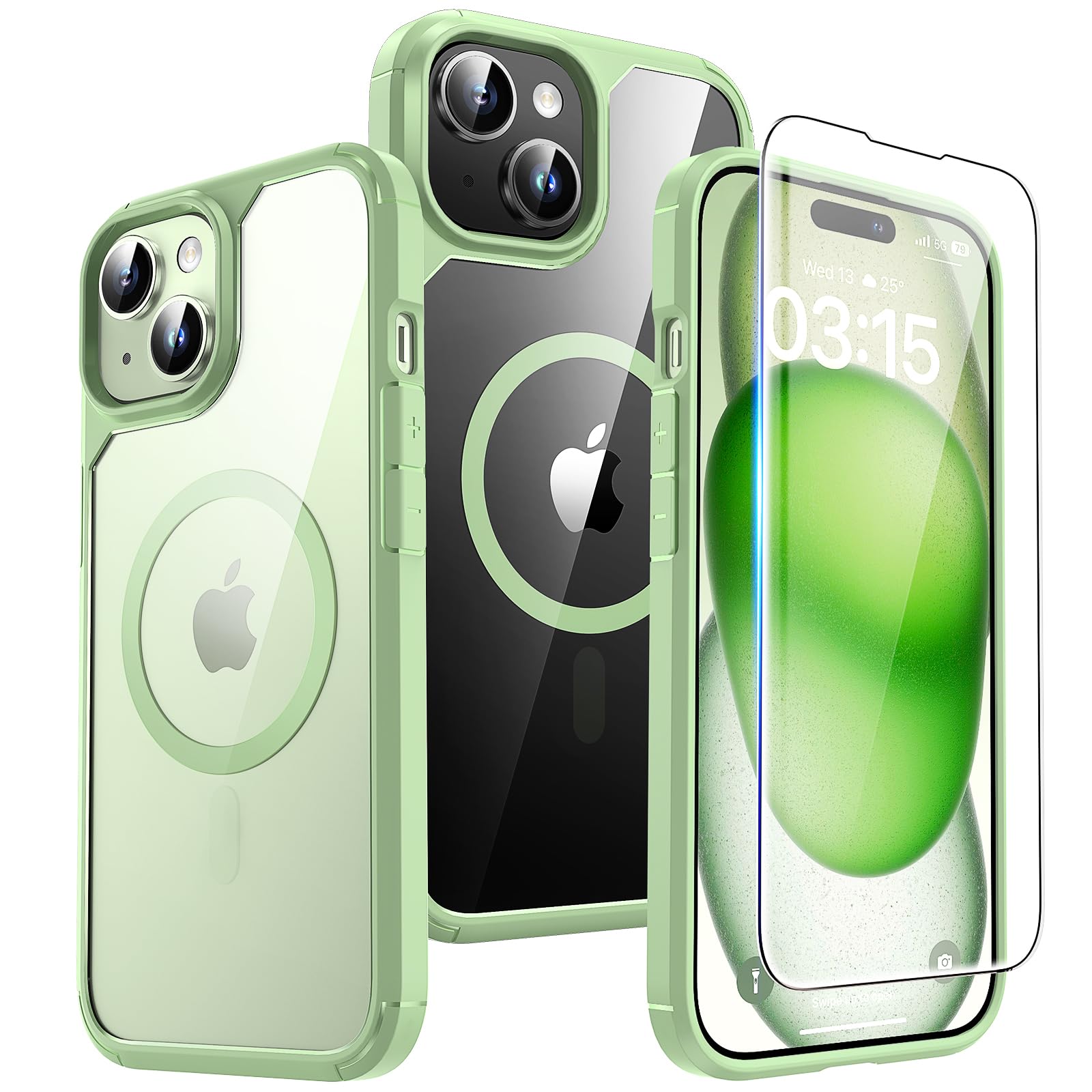 Tauri 3 In 1 Magnetic For Iphone 15 Case Green, [Compatible With Magsafe] [Not Yellowing] With 2X Screen Protector, Slim Shockpr