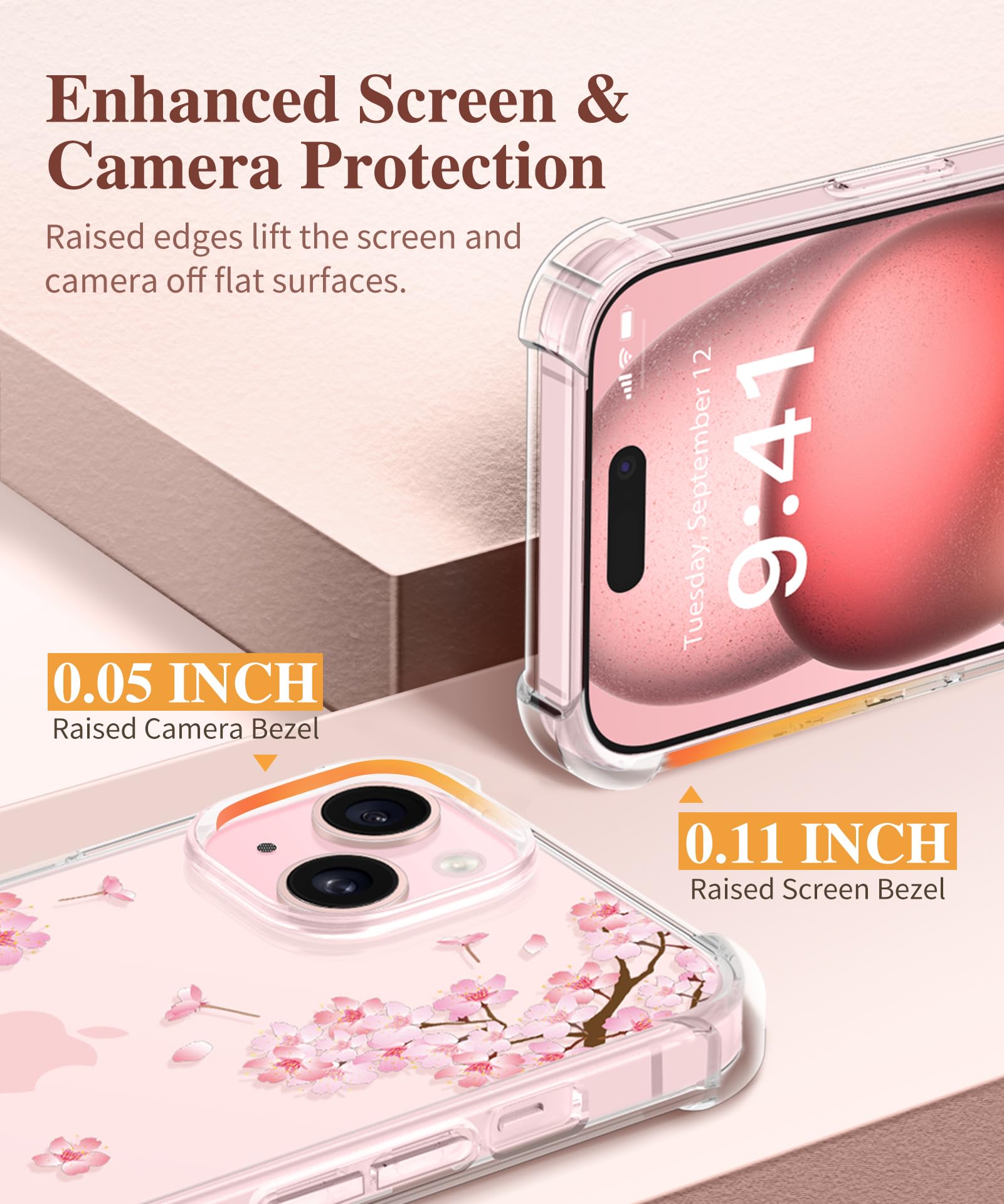 Gviewin For Iphone 15 Case, [5 In 1] With 2X Screen Protector & 2X Camera Lens Protector, Clear Soft Shockproof Slim Fit Floral