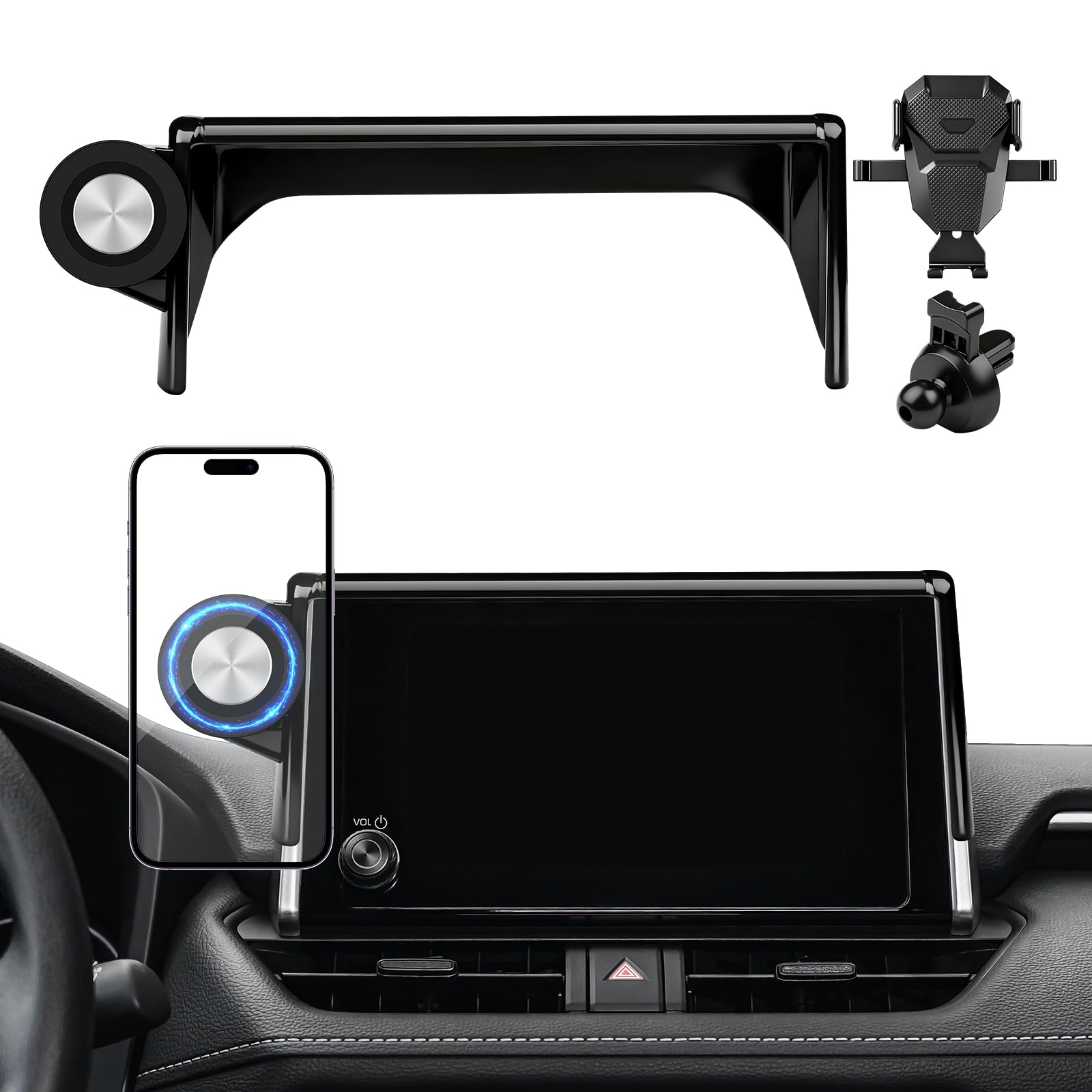 Karltys Magnetic Phone Holder, Powerful Phone Mount with 2 Options iPhone MagSafe & Clip-in Holder for RAV4, 360 Rotation Phone 