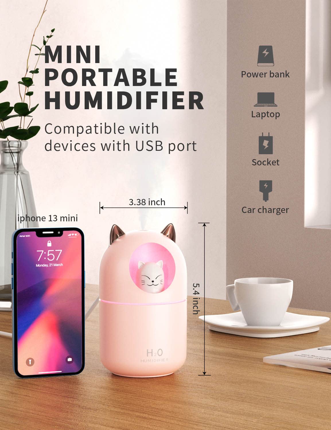 Norhom Cool Mist Humidifier, 300Ml Mini Humidifiers With Night Light, 20Db Quiet Humidifiers For Bedroom, Waterless Auto Off Air