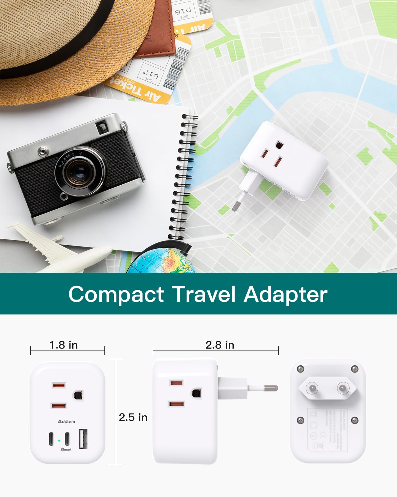 European Travel Plug Adapter, Addtam International Power Adapter With 3 Outlets 3 Usb Charging Ports(2 Usb C), Type C Adapter Tr