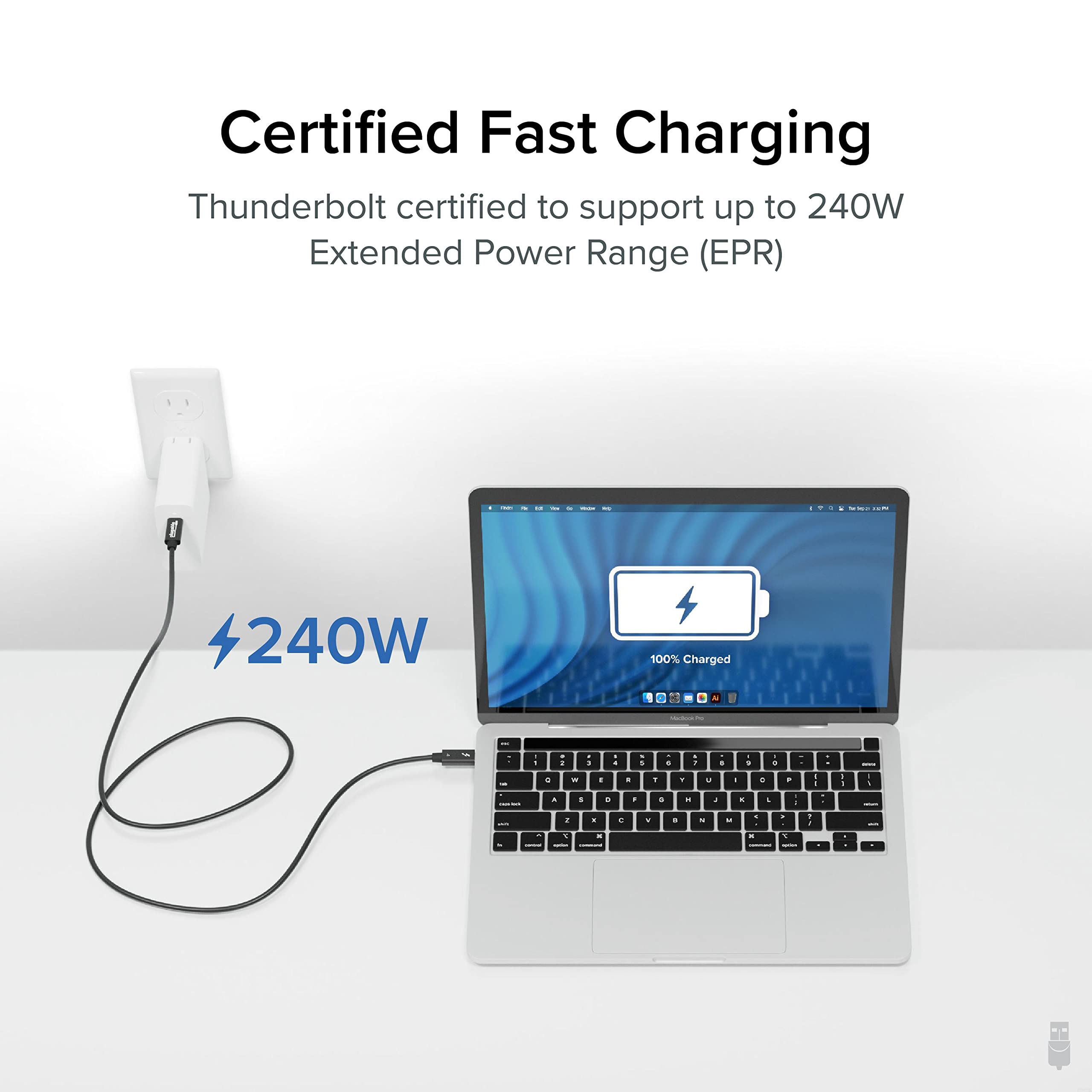 Plugable Thunderbolt 4 Cable With 240W Charging, Thunderbolt Certified, 3.3 Feet (1M),1X 8K Display, 40 Gbps, Compatible With Us