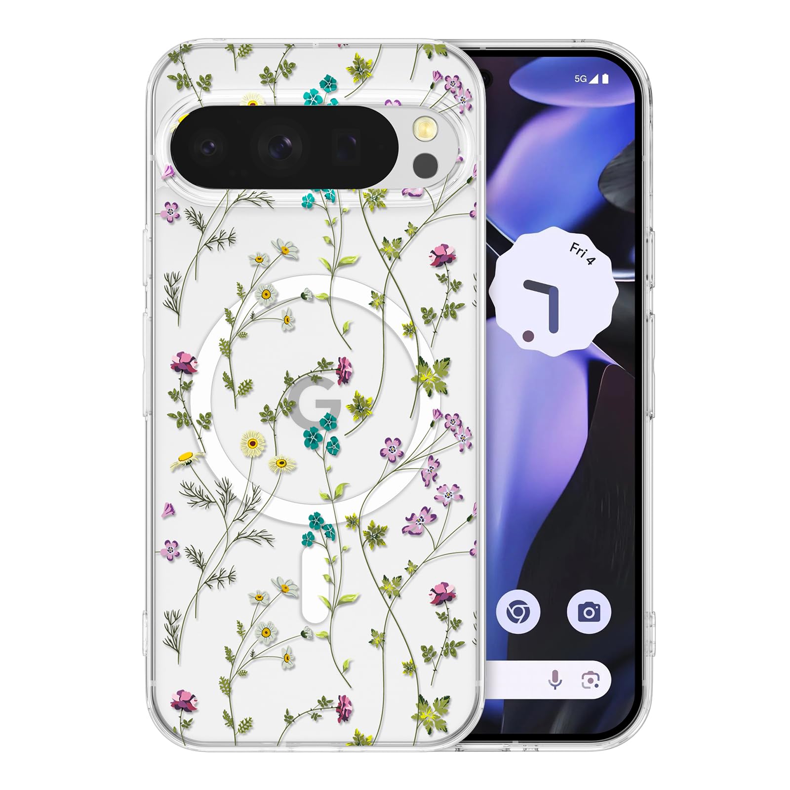 Raleavo For Google Pixel 9/9 Pro Case Compatible With Magsafe Clear Floral Cover With Flower Branch Pattern For Girls Women Slim