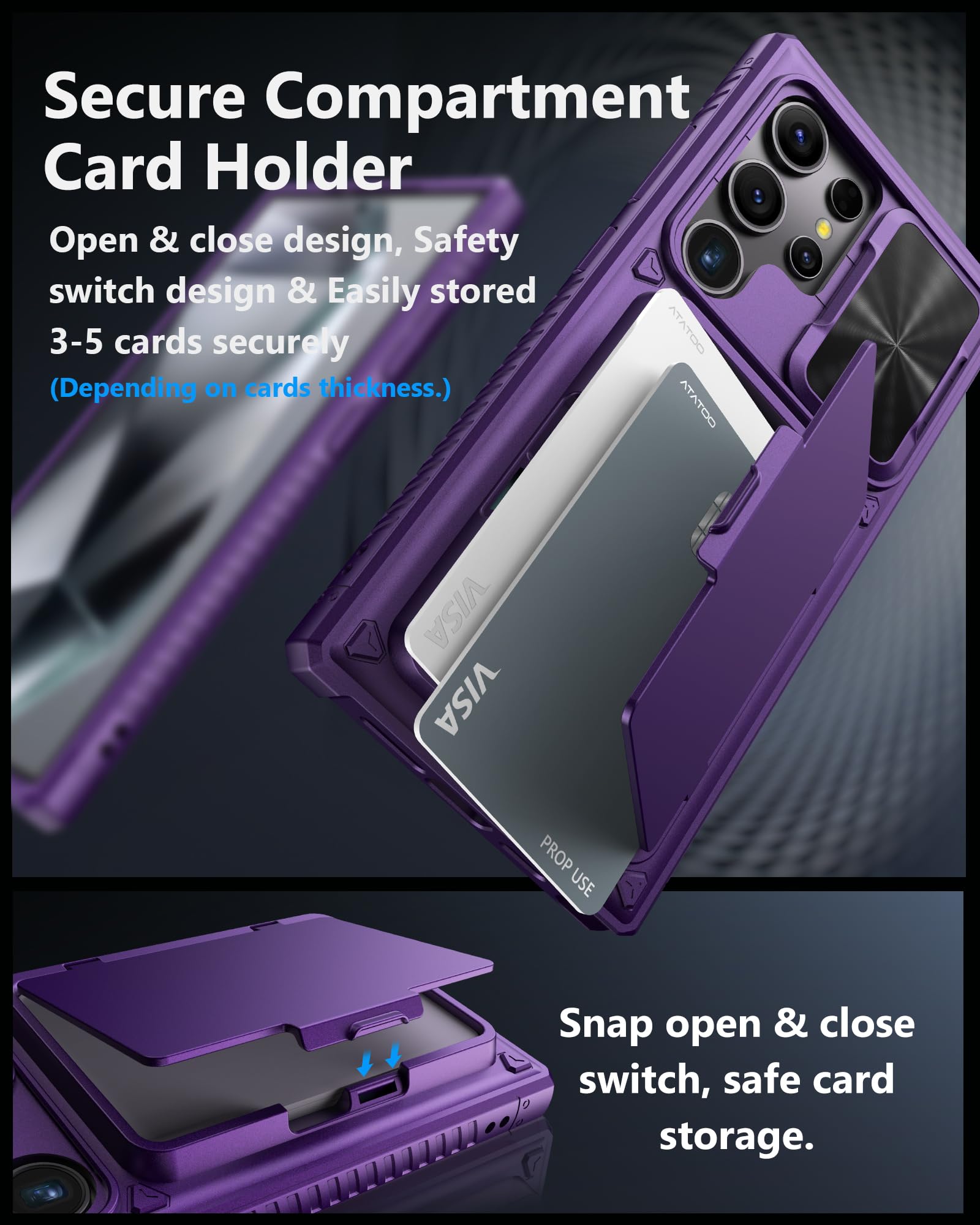 Atatoo For Samsung Galaxy S24 Ultra Case With Card Holder (Store 4 5 Cards) & Slide Lens Cover & Stand, [Military Grade Drop Pro