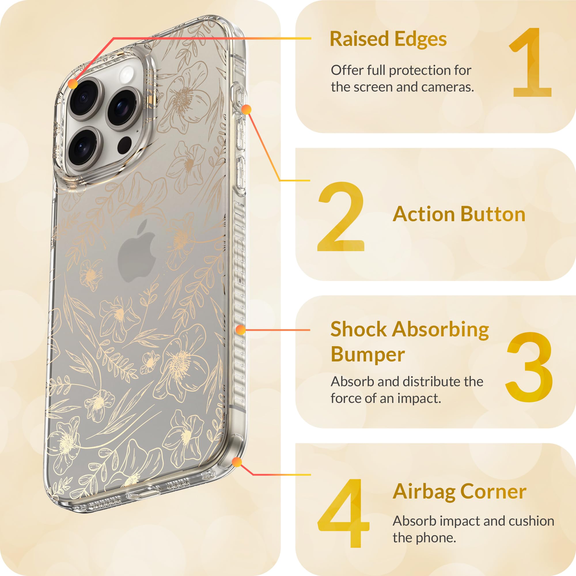 Lonli Hue   For Iphone 15 Pro Max Case   Gold Flower Floral Phone Case With [4 Airbag Cushioned Corners]   Elegant, Unique And A