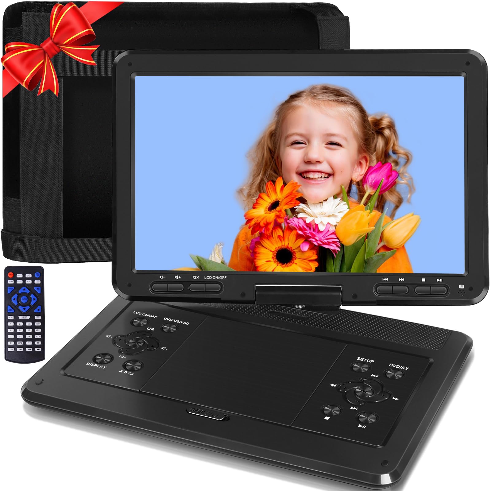 Yoohoo 16.9'' Portable Dvd Player With 14.1'' Large Hd Swivel Buttons Screen, 6 Hrs Battery Dvd Player Portable, Power Adapter, 