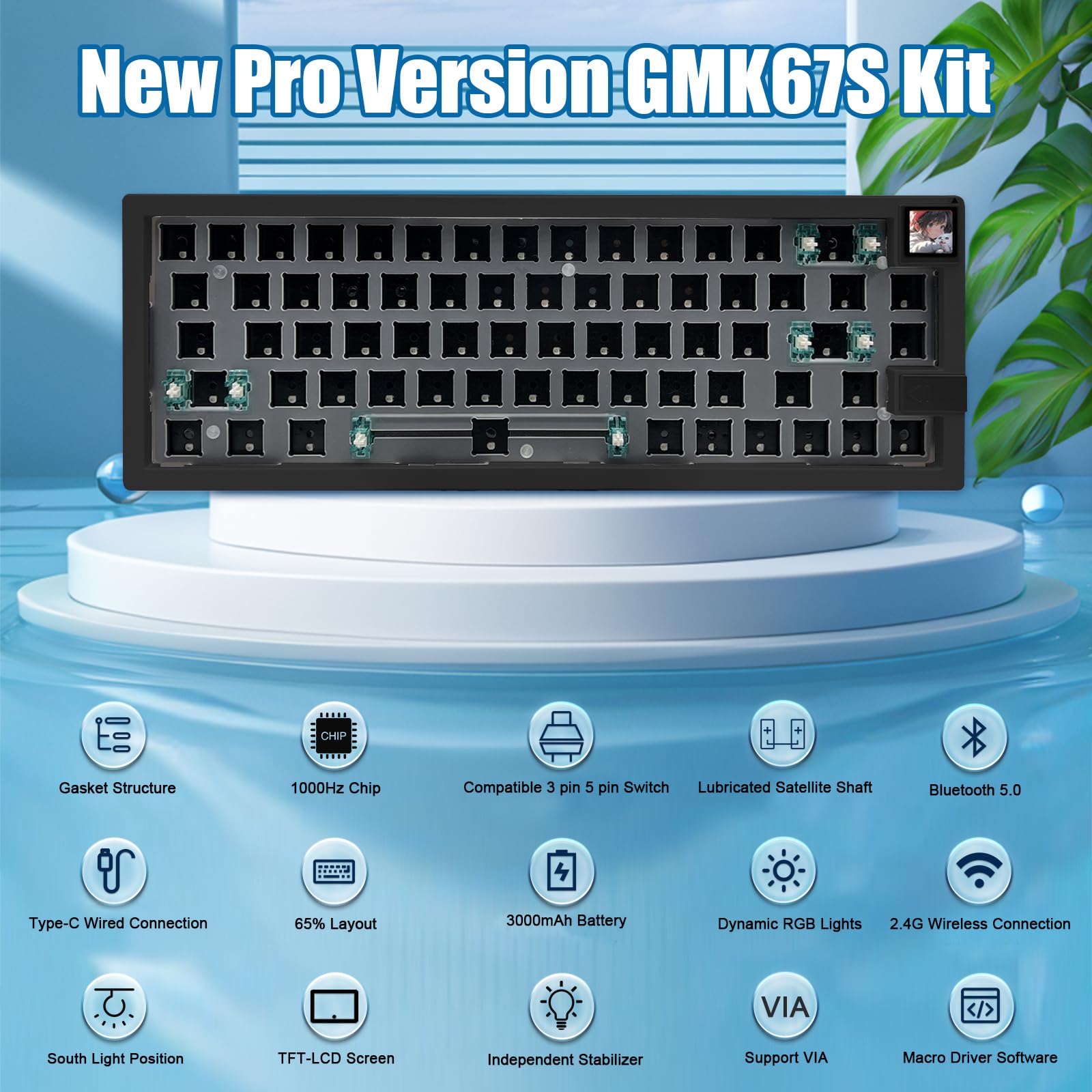 Boyi Gmk67S 65% Keyboard Kit,Hot Swappable Bt5.0/2.4G/Type C Tri Mode Wireless Rgb Mechanical Keyboard Gasket Mounted Kit,Custom