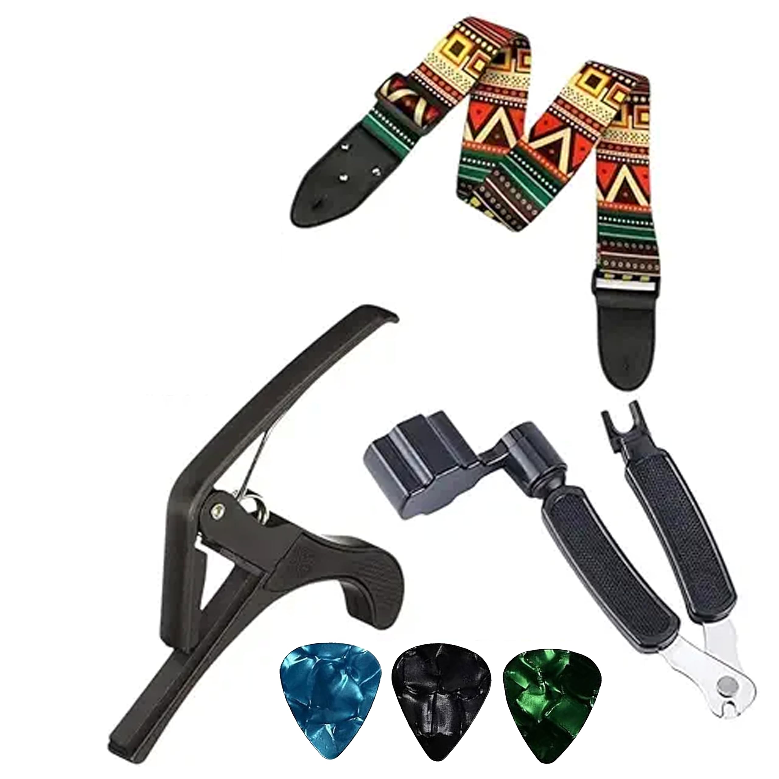 Guitar Accessories Kit With Ethnic Pattern Strap, Black Leather Ends