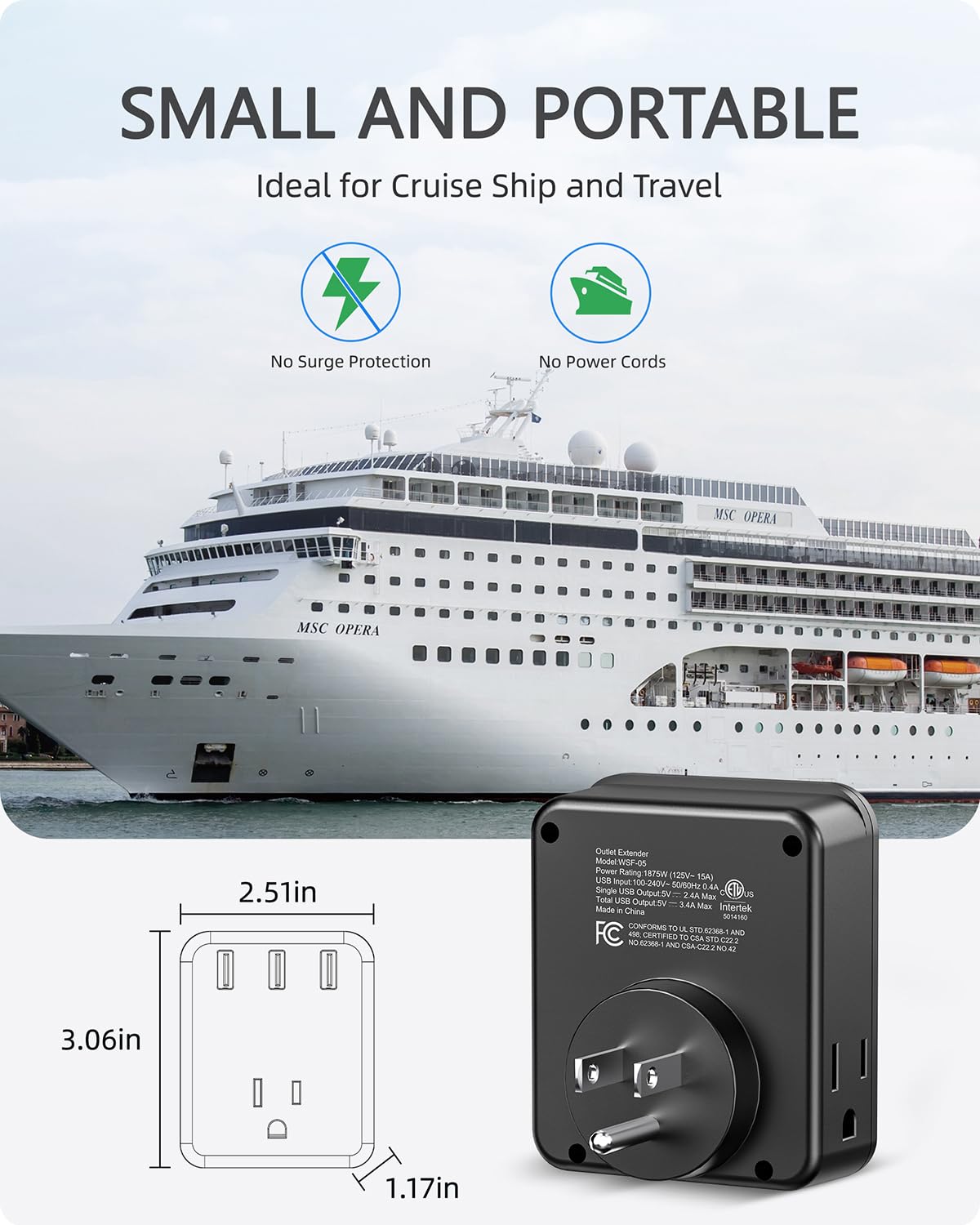 Lencent Multi Plug Outlet Extender, 2 Pack, Usb Brick, 3 Outlets Splitter With 3 Usb Ports, Wall Charger, 3 Prong Power Charging