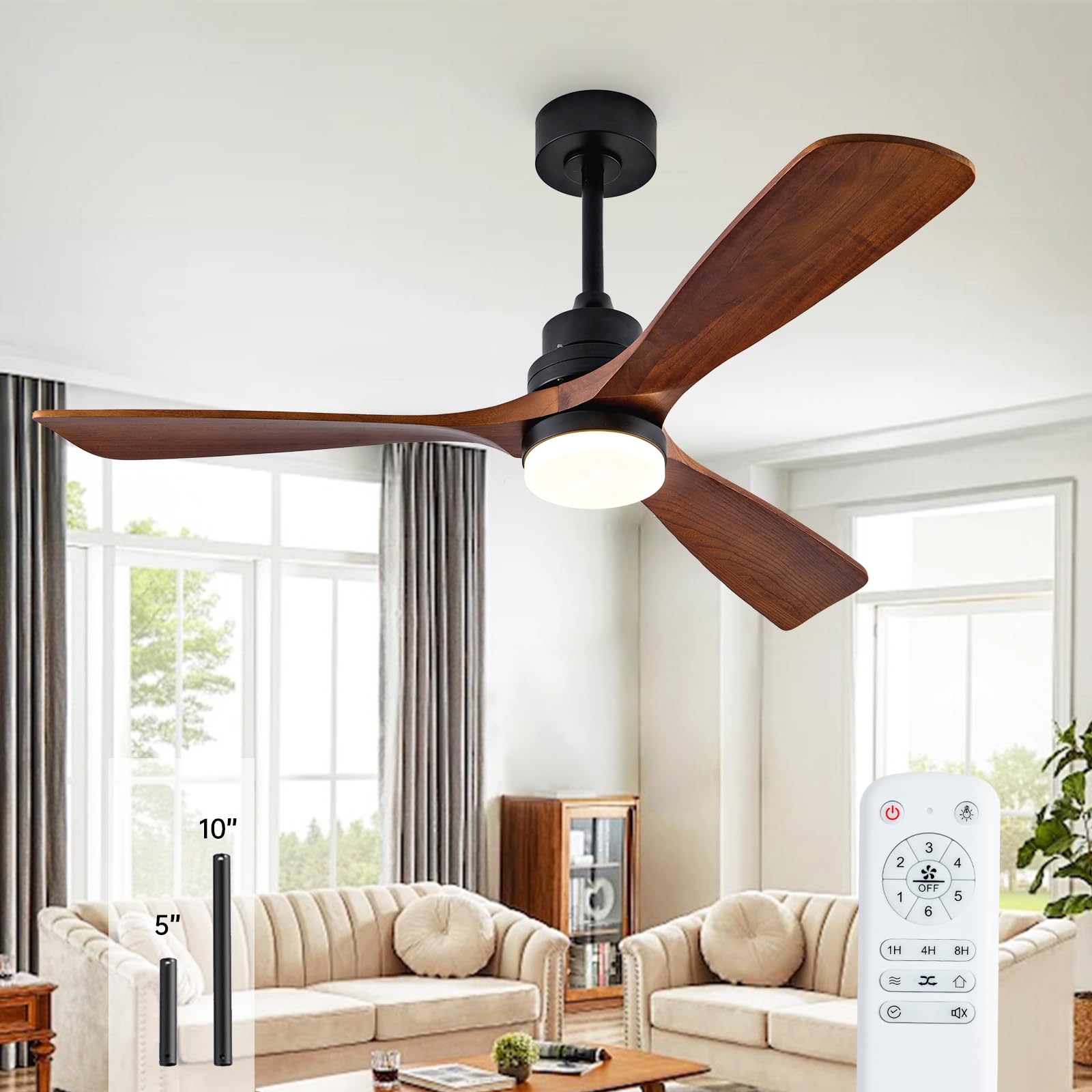 Ceversa 52 Inch Ceiling fans with Lights and Remote,3 Blades Wood Modern Ceiling Fans,Noiseless Reversible DC Motor,Outdoor Ceil