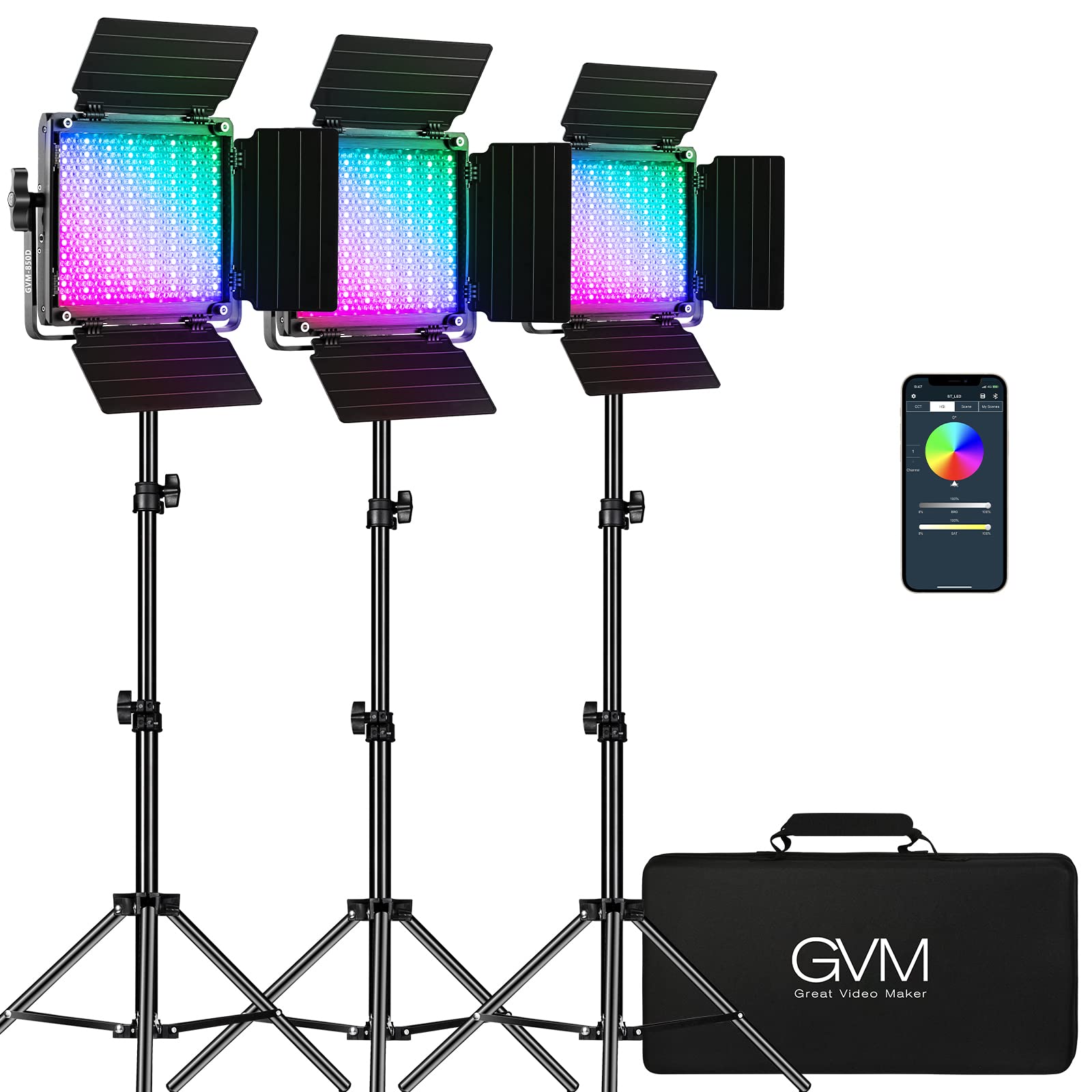 Gvm Rgb Video Lighting, 360 Full Color Led Video Light With App Control, 3 Packs 850D Photography Lighting Kit Cri 97, Youtube,