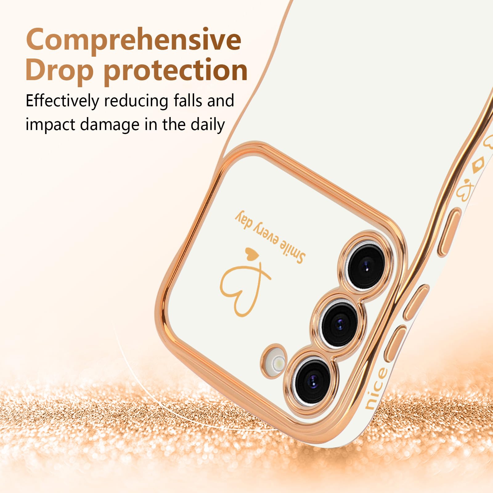 Lchulle For Samsung Galaxy S22 Plus Case For Women Girls, Cute Wave Frame Curly Shape With Love Heart Raised Camera Protection C