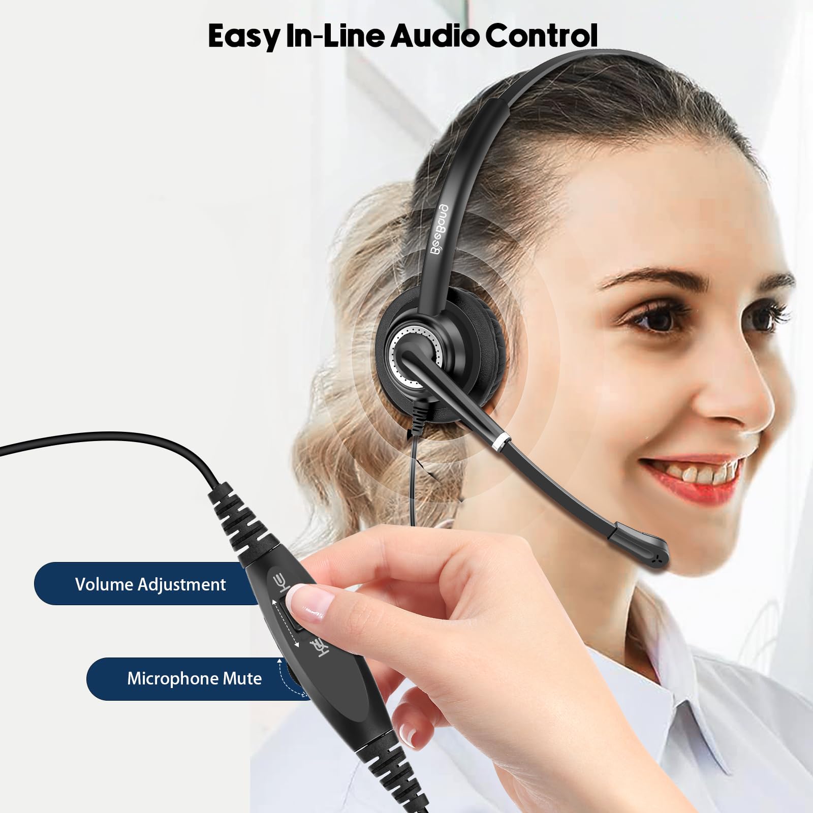 Beebang Telephone Headset With Microphone Noise Canceling For Office Landline Deskphone, With Mic Mute Volume Controller, Mono R
