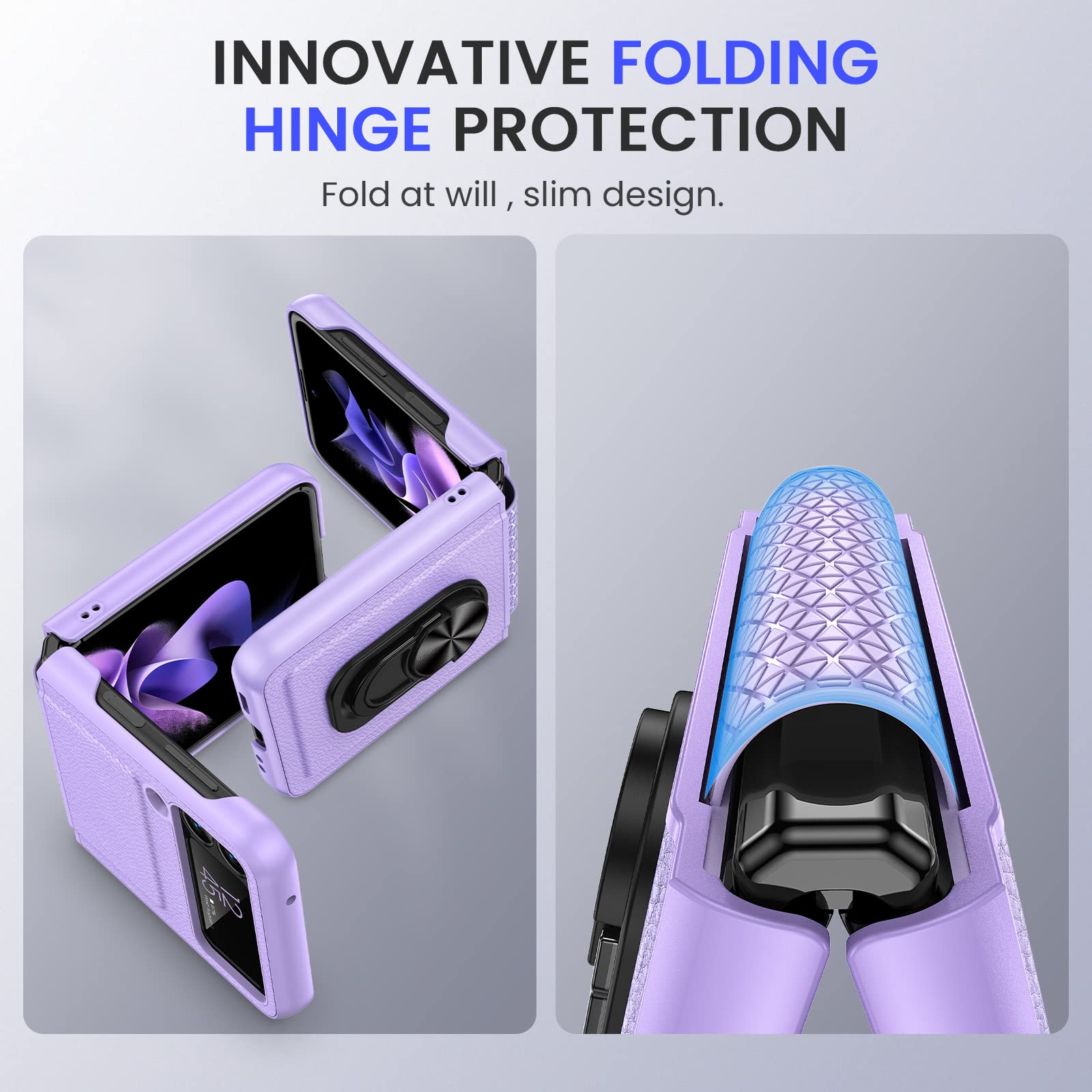 Vego For Galaxy Z Flip 3 Ring Stand Case, Z Flip 3 All Inclusive Cover Case With Hinge Protection And Glass Camera Lens Screen P