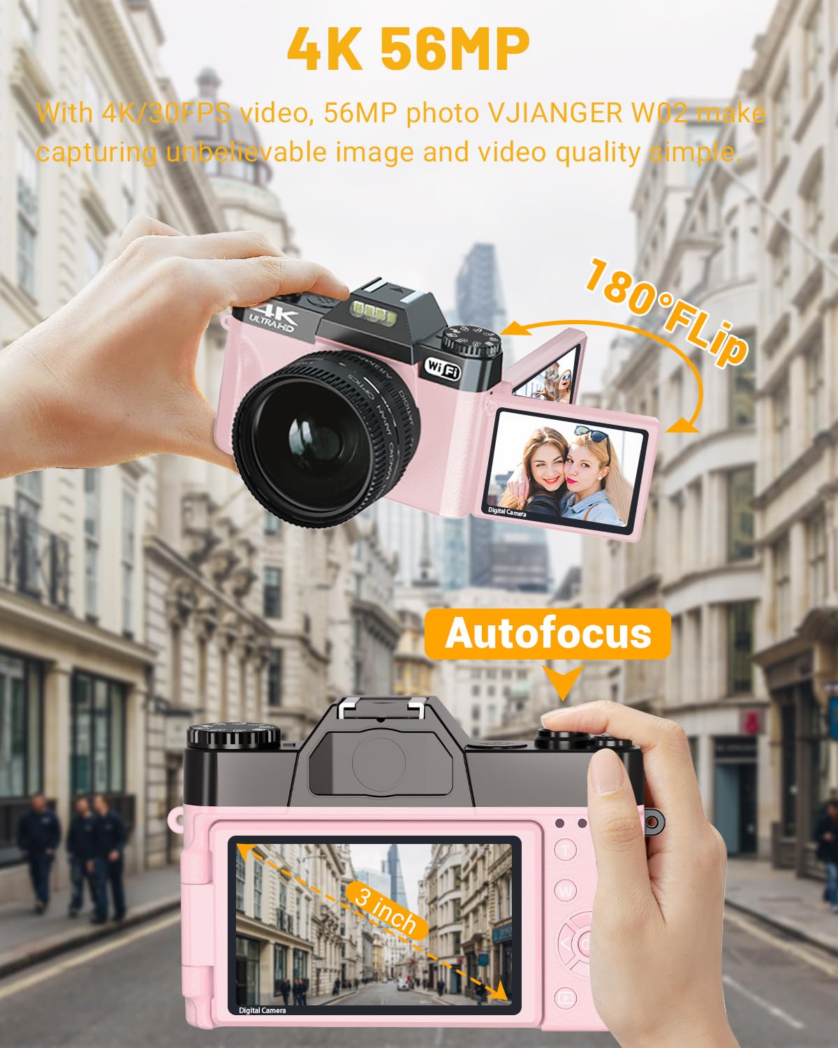 2024 Upgrade Vjianger Digital Camera For Photography 4K 56Mp Vlogging Camera For Youtube With Wifi, 180� Flip Screen, 16X Digital Zoom, 52Mm Lens, 2 Batteries, 32Gb Micro Sd Card(Pink)
