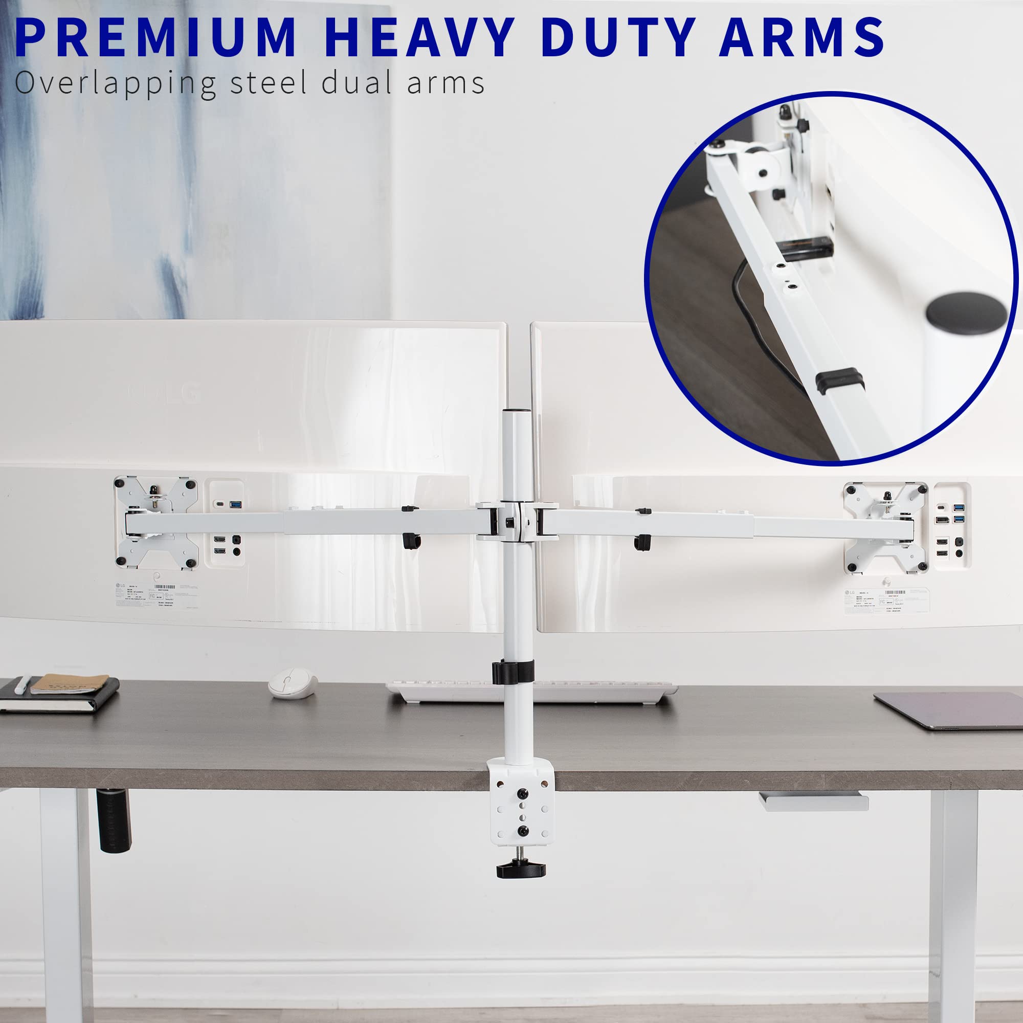 VIVO Premium Dual Ultra Wide LCD LED 27 to 38 inch Monitor Desk Mount, Heavy Duty, Adjustable Telescoping Arms, Flush Wall Setup, Fits 2 Screens, White, STAND TS38CW