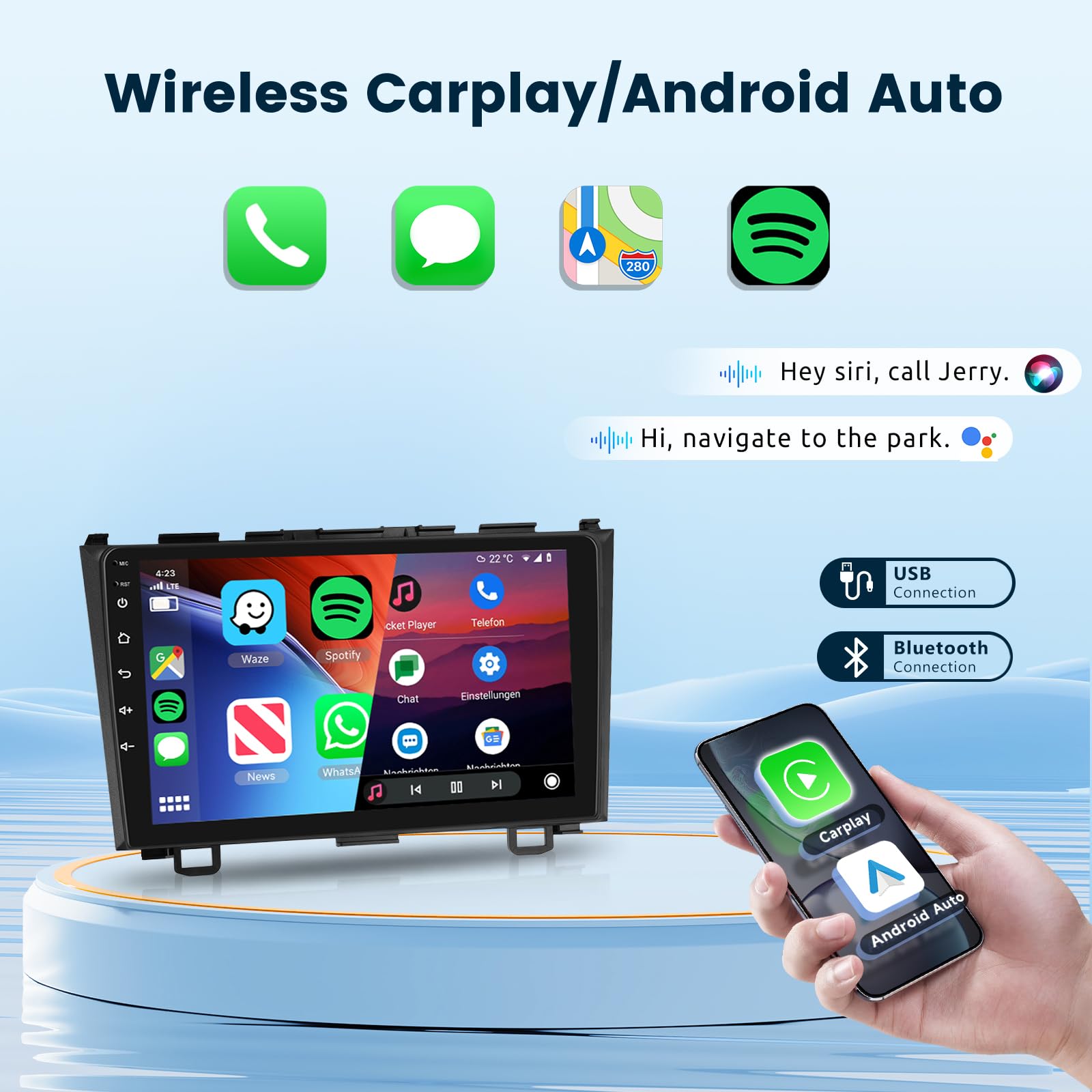 2+64G For Honda Crv 2007 2011 Android Car Stereo With Wireless Carplay/Android Auto, 9 Inch Touchscreen Bluetooth Car Radio Support Wifi Gps Navigation Usb Fm/Rds Swc Hifi Audio Backup Camera