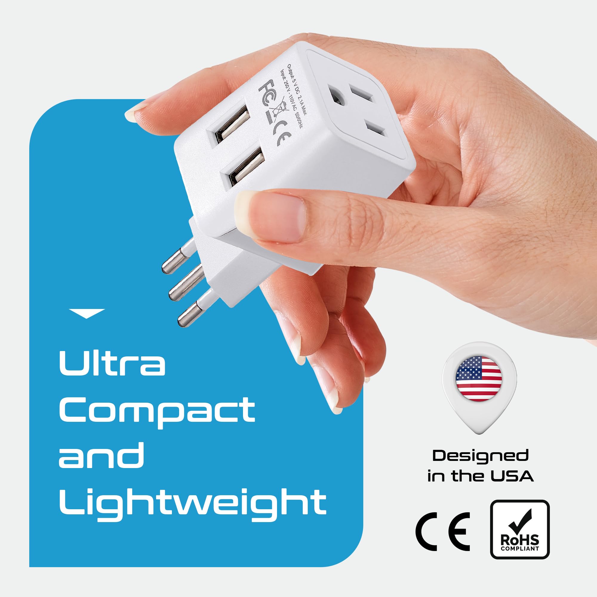 Ceptics Italy, Chile, Uruguay Travel Adapter Plug With Dual Usb   Usa Input   Type L   Ultra Compact   Perfect For Cell Phones,