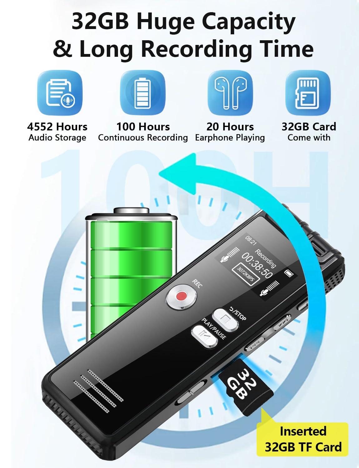 32Gb Digital Voice Activated Recorder With Playback - 2776 Hours Audio Recording Device, 3072Kpbs Hd Dual Mic Tape Recorder Devi