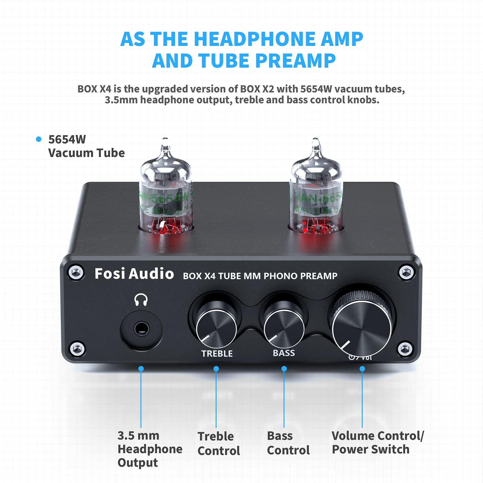 Fosi Audio Box X4 Phono Preamp With Jan 5654W Vacuum Tubes For Mm Turntable Phonograph Record Player With Volume Bass Treble Con